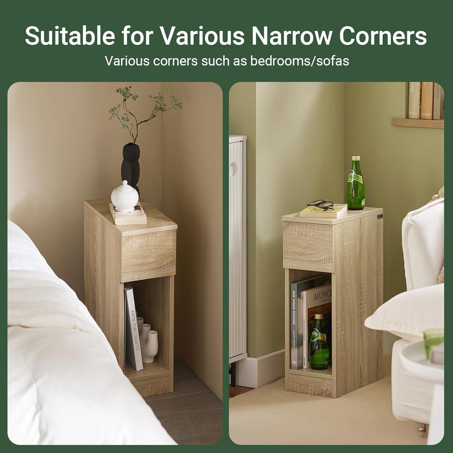 Set of 2 Oak Effect Slim Bedside Tables with Drawer & Shelf | Modern