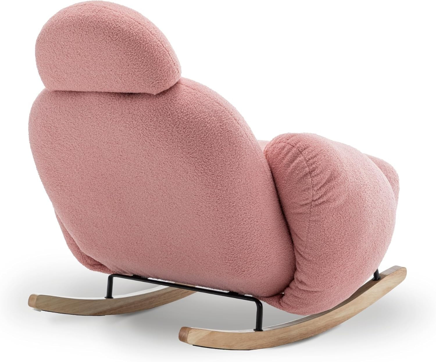 Pink Boucle Rocking Chair with Solid Wood Rockers & Plush Head Support