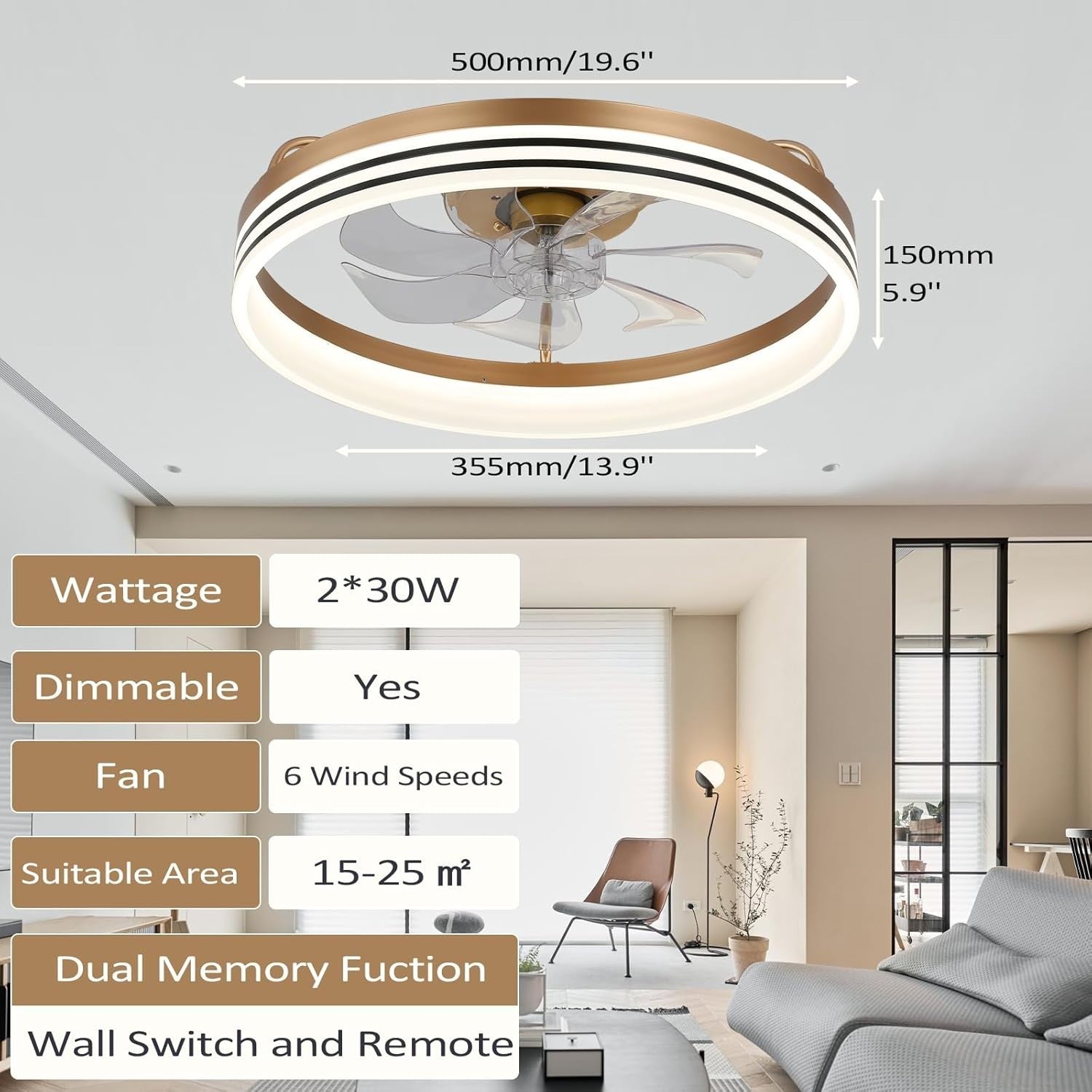 Ceiling Fan with Lights, 6-Speed Dimmable LED Gold Chandelier Fan