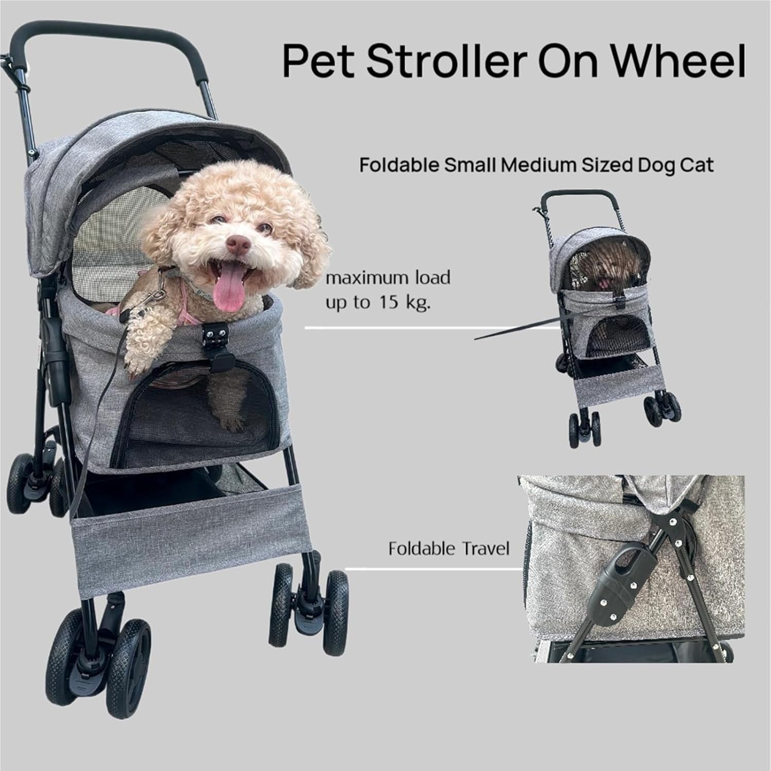 Pet Stroller for Small Dogs Cats Foldable Travel Jogger Pushchair Grey