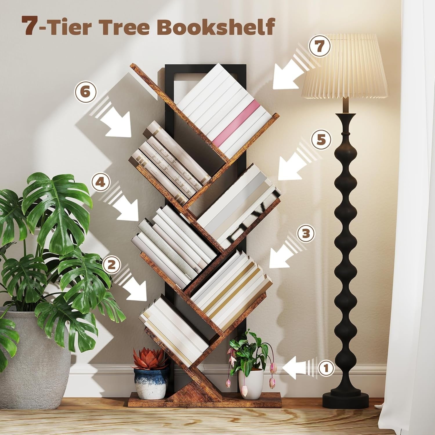 Industrial 7-Tier Tree Bookshelf with Steel Frame, Space-Saving Storage Unit