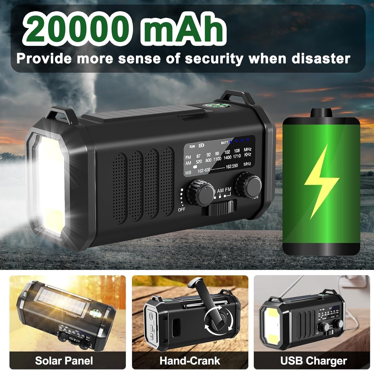 NOAA Emergency Radio 20000mAh Solar, Hand Crank, AM/FM, Torch & SOS