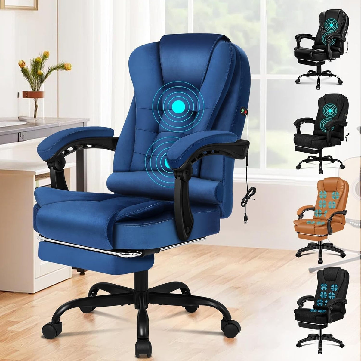 Massage Office Chair Velvet Recliner 150° Swivel Footrest High Back Blue