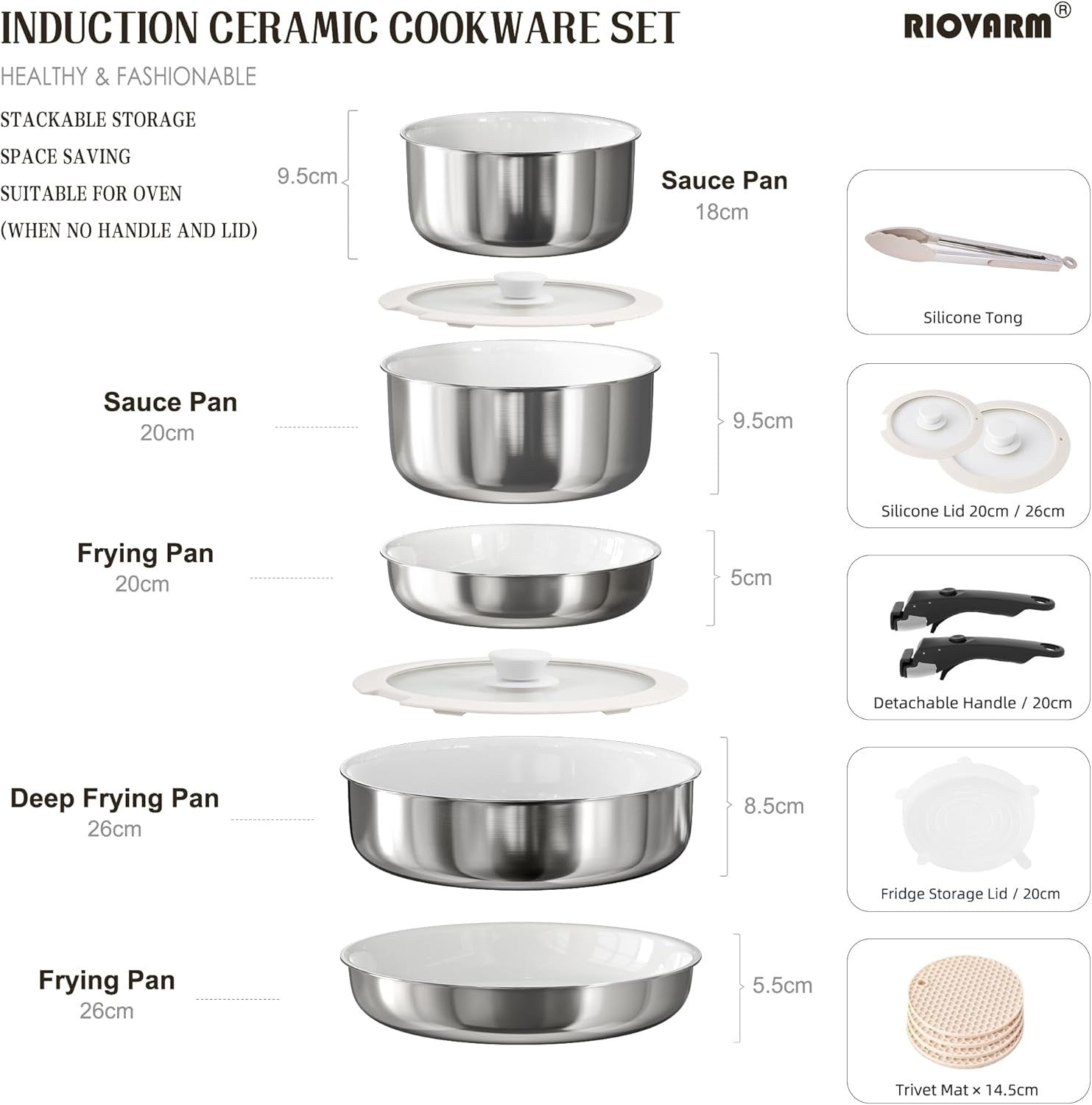 5Pcs Stainless Steel+ Pots Pans Set with Lids & Detachable Handle Induction Safe