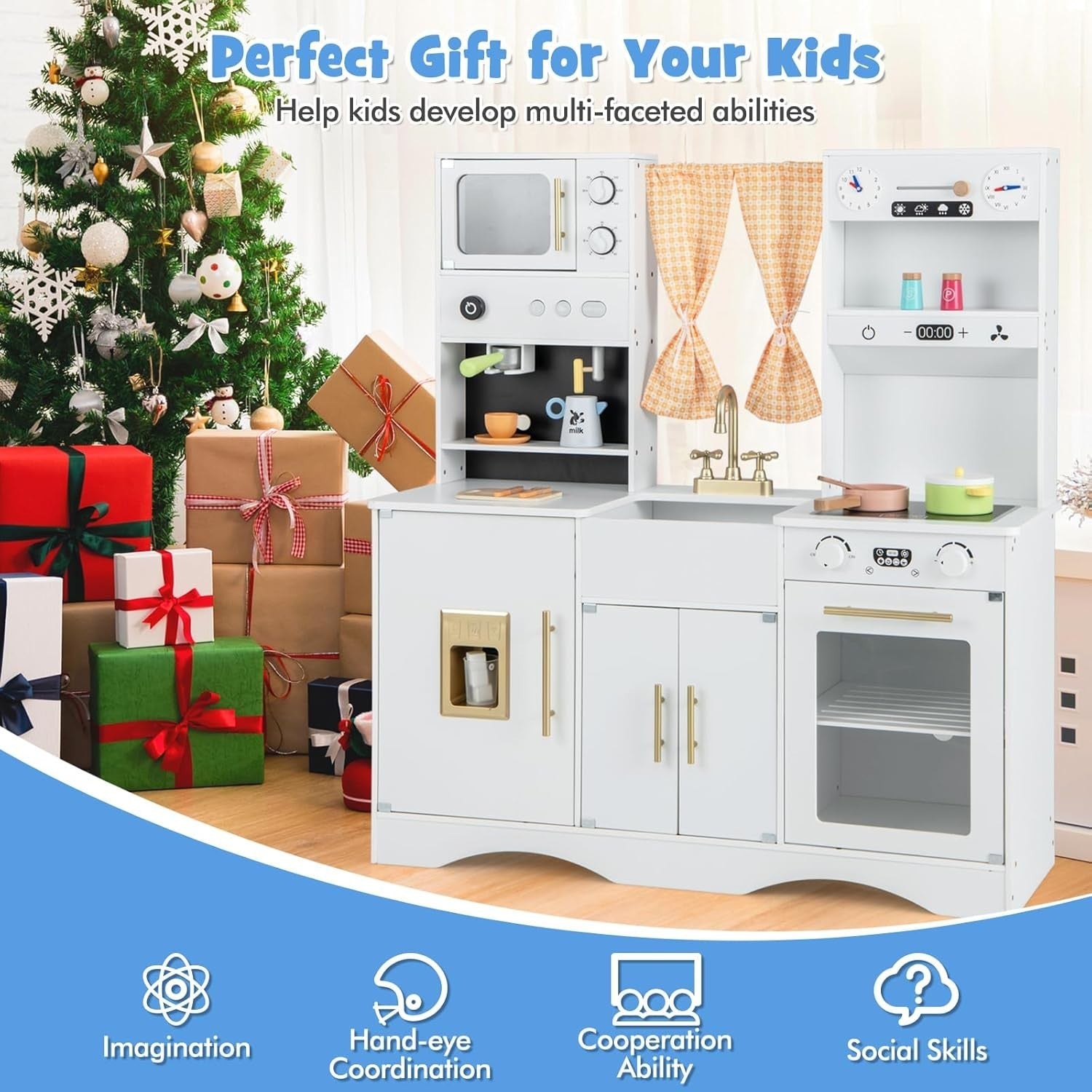 Retro Wooden Kids Play Kitchen Ice Maker Coffee Station Toy Set
