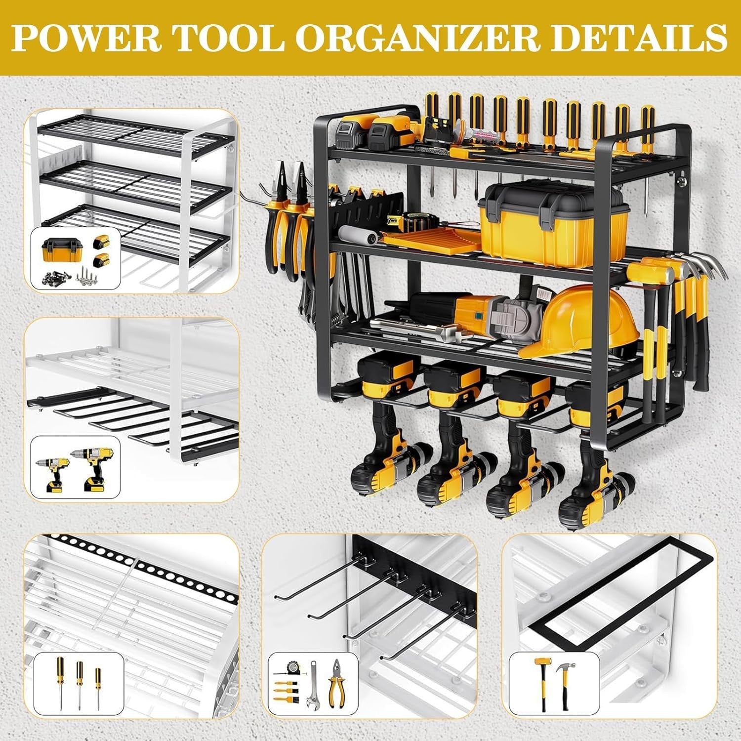 Wall Mount Power Tool Organizer 4 Drill Holders 4 Layers – 200Lbs Load