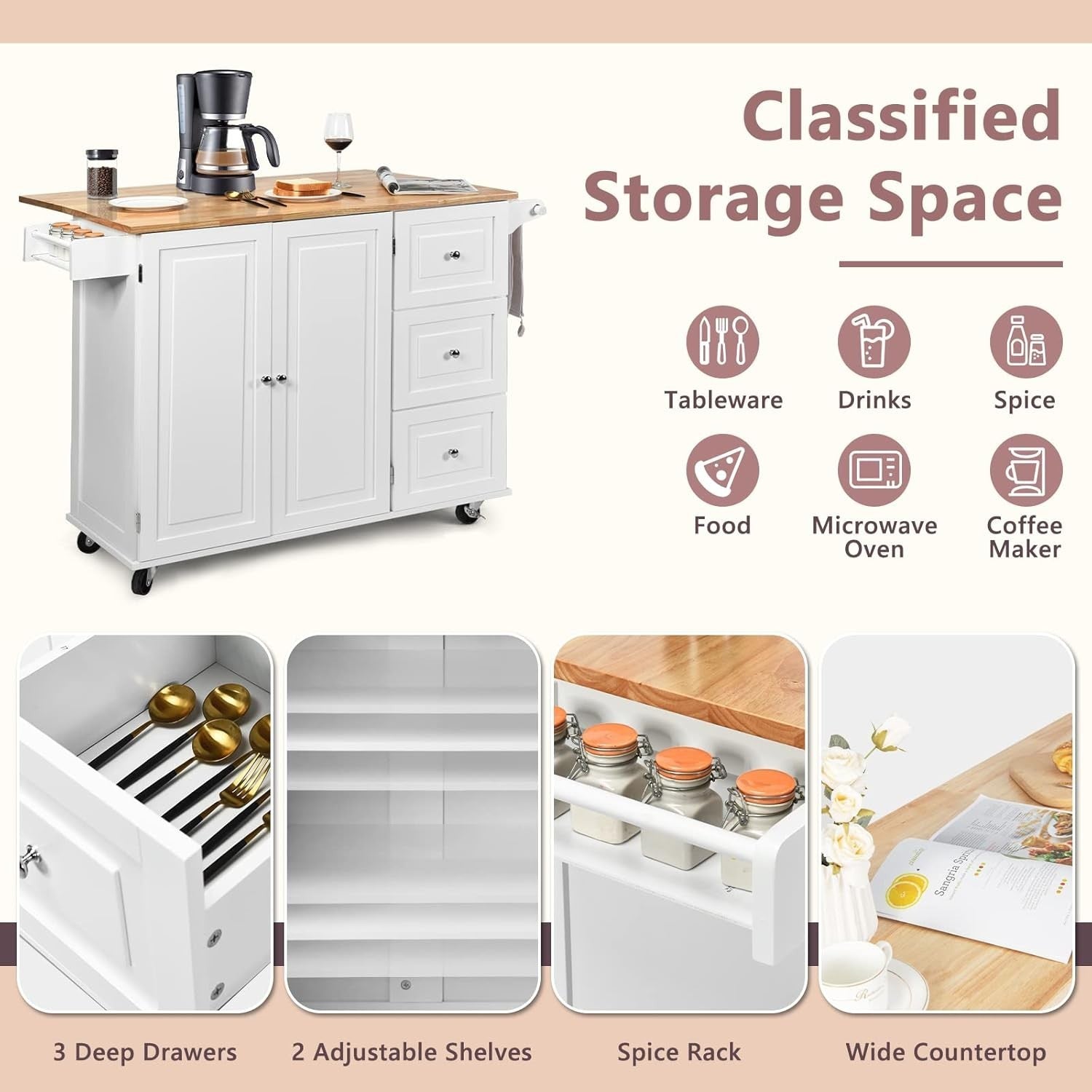 Rolling Kitchen Island Cart with Extendable Wood Top, 3 Drawers & Shelves