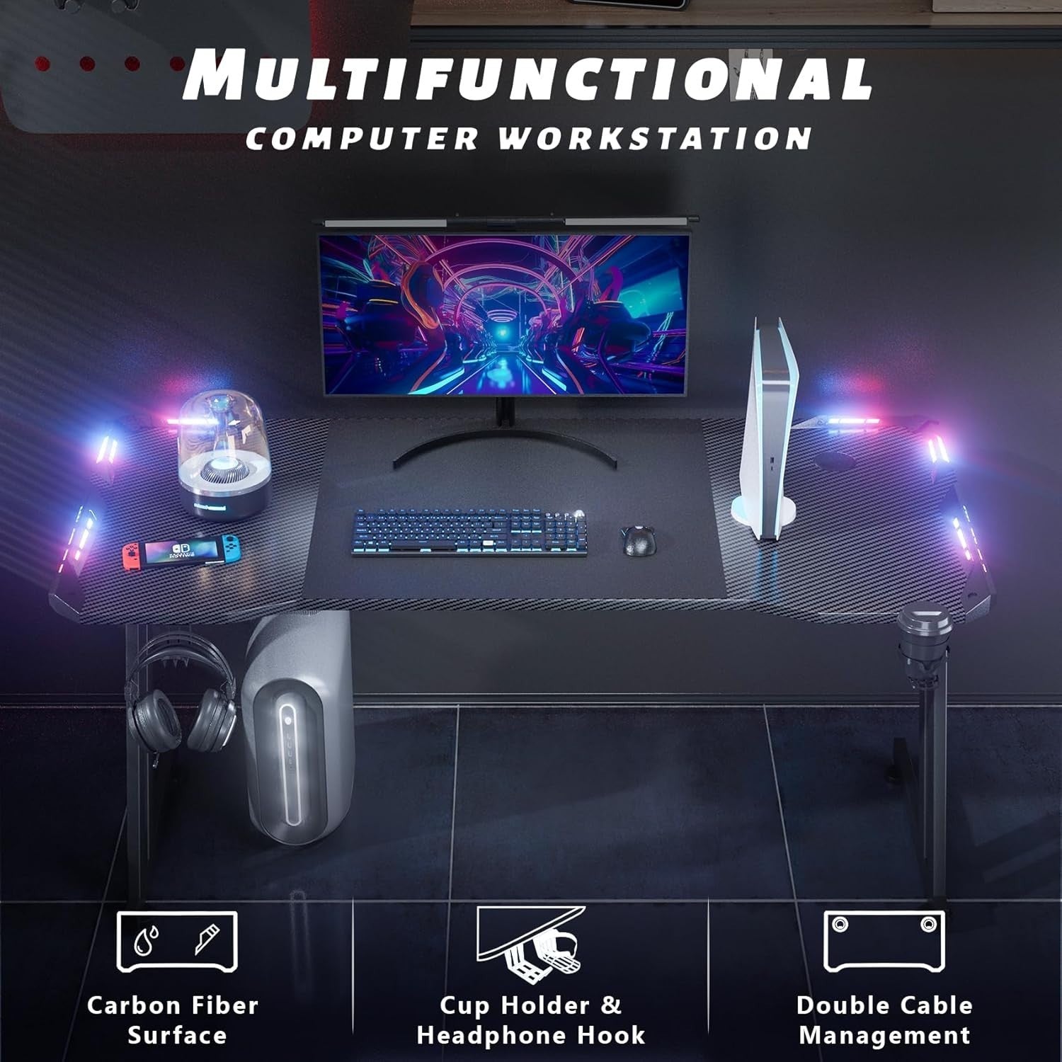RGB Gaming Desk 140x60cm Computer Table w/LED, Cup Holder & Headphone Hook
