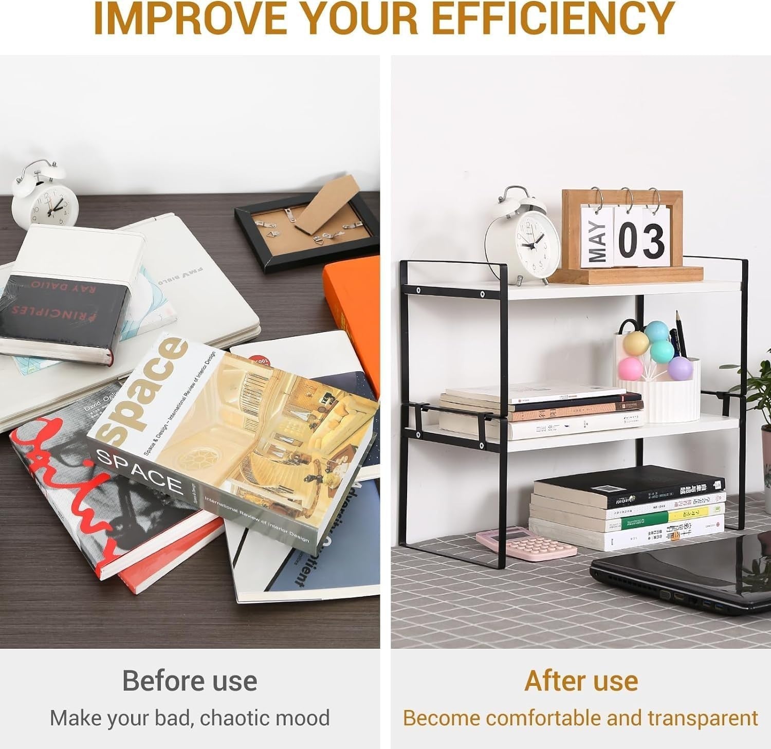 Adjustable 2-Tier Wood Desk Shelf Organizer Freestanding Desktop Storage Rack