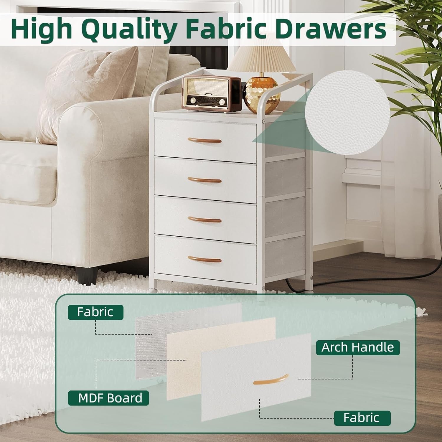 White Bedside Cabinet with Charging Station 4-Drawer Storage Chest 71cm