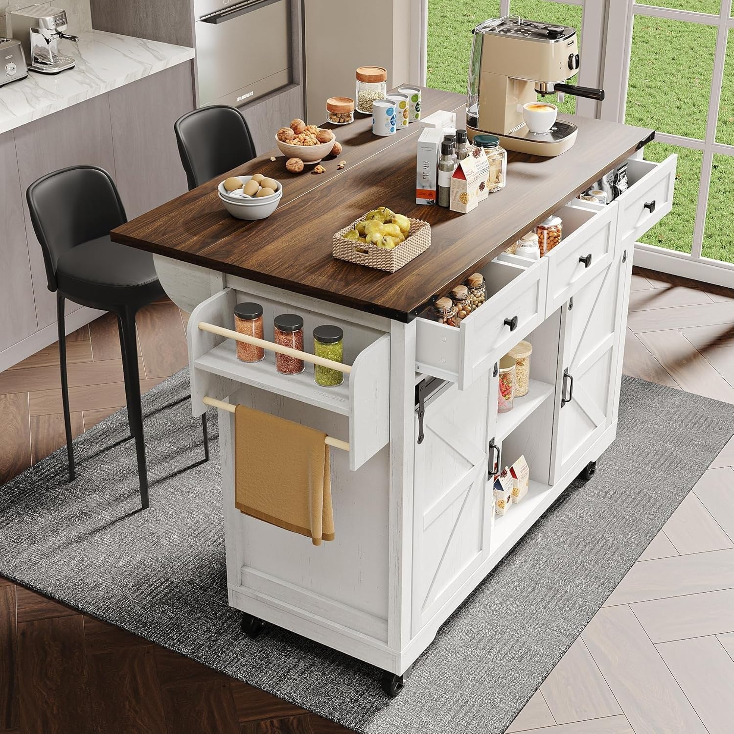 White Kitchen Island Cart with Extendable Walnut Top, Drawers & Sliding Cabinets