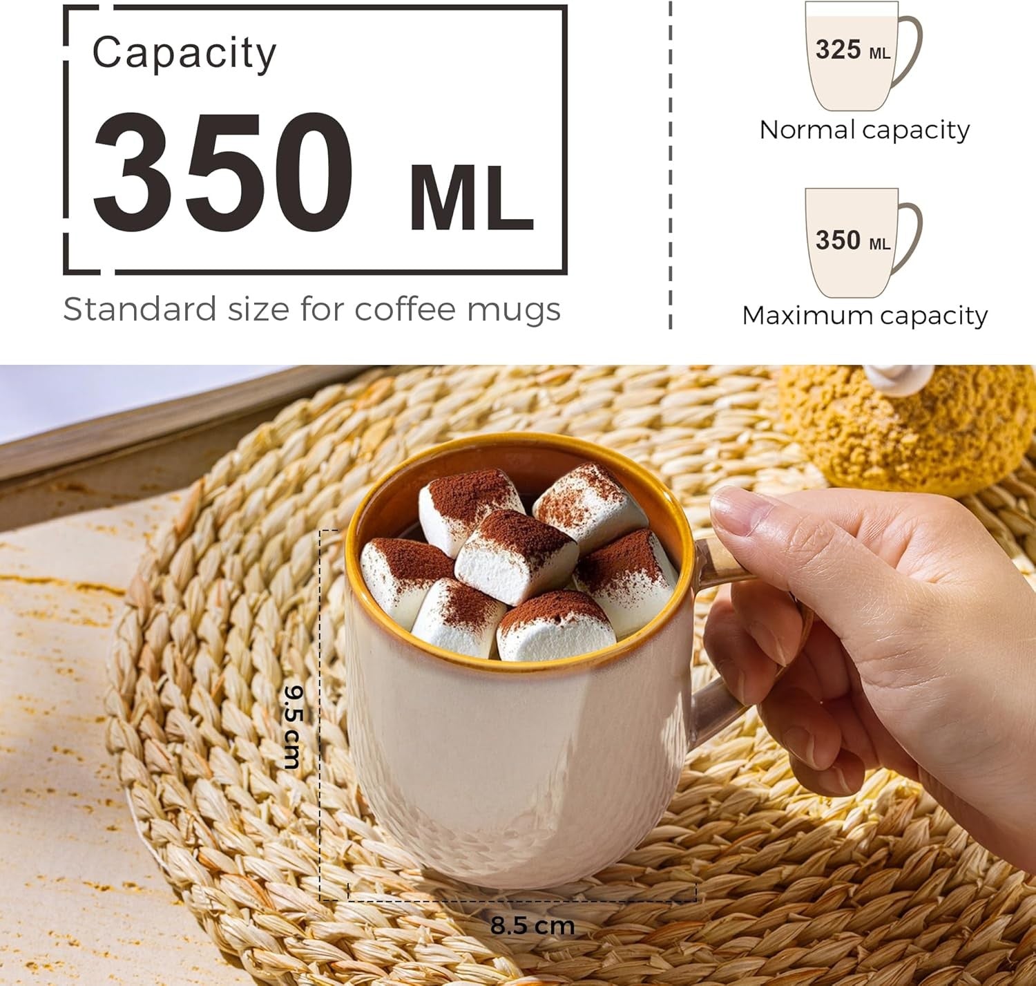Stoneware Coffee Mugs Set of 6 350ml Large Handle Latte Cappuccino Cups