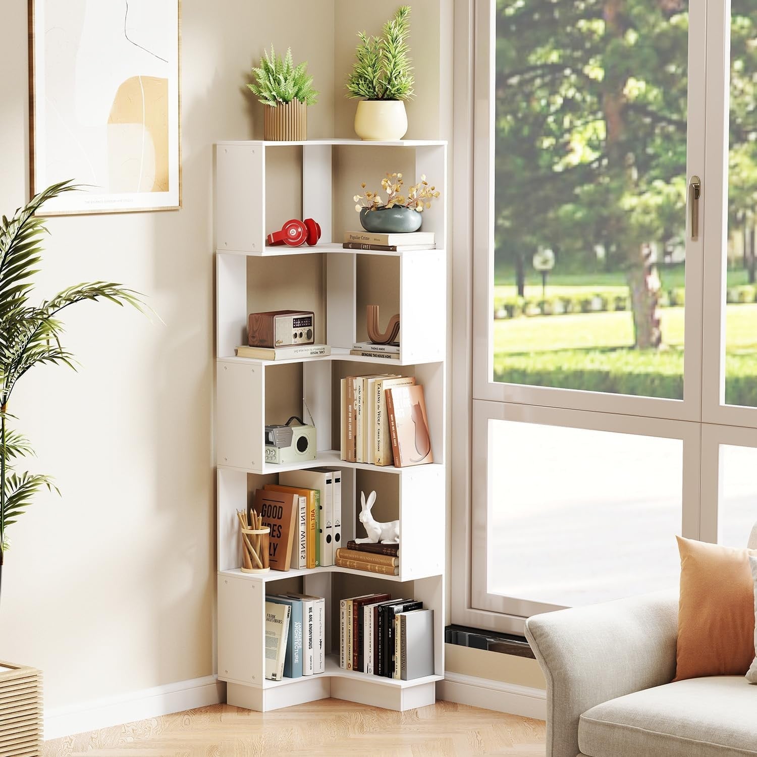 5-Tier Corner Bookshelf White Freestanding Slim Storage Display Unit 175cm