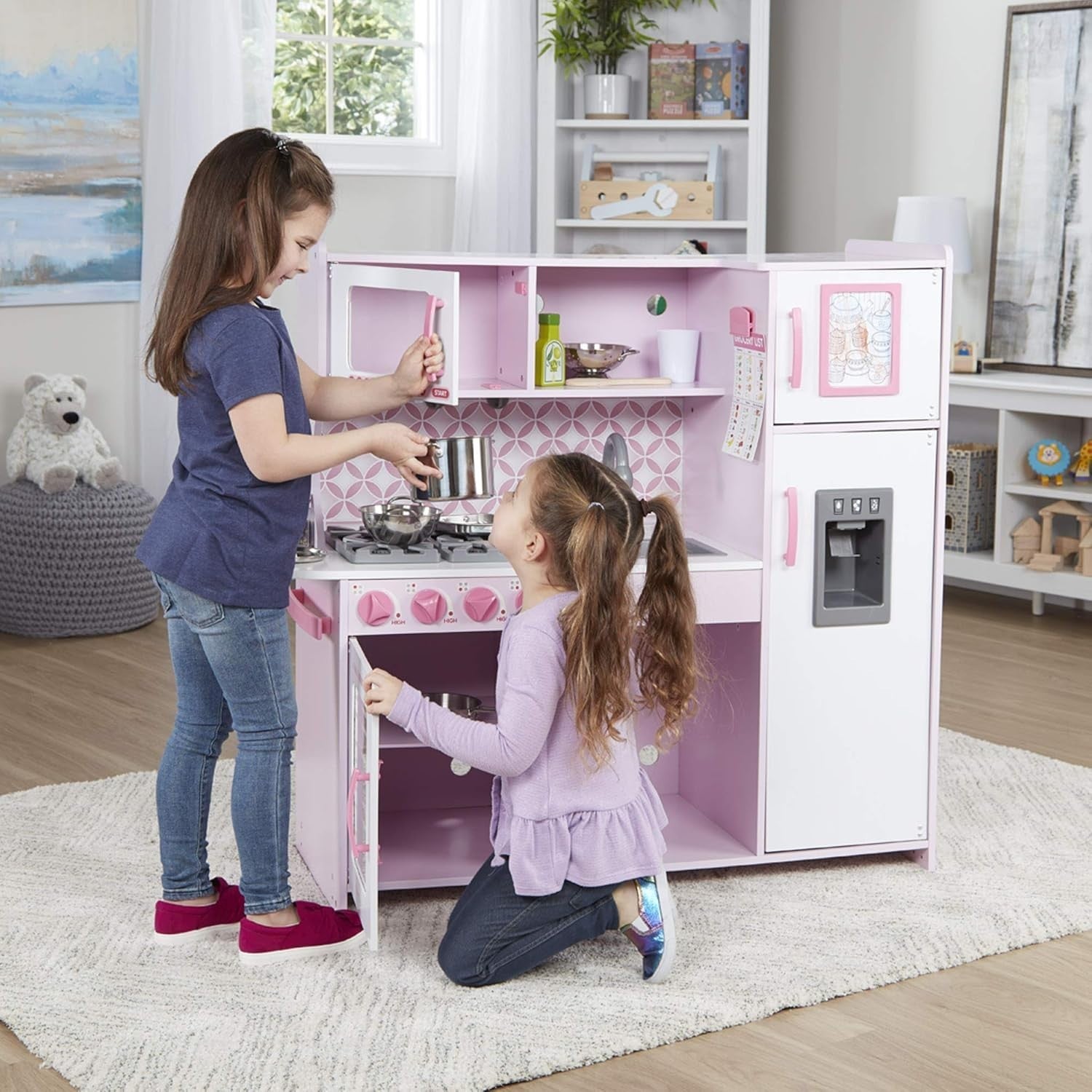 Large Pink Wooden Play Kitchen Ice Dispenser Pretend Toy Set
