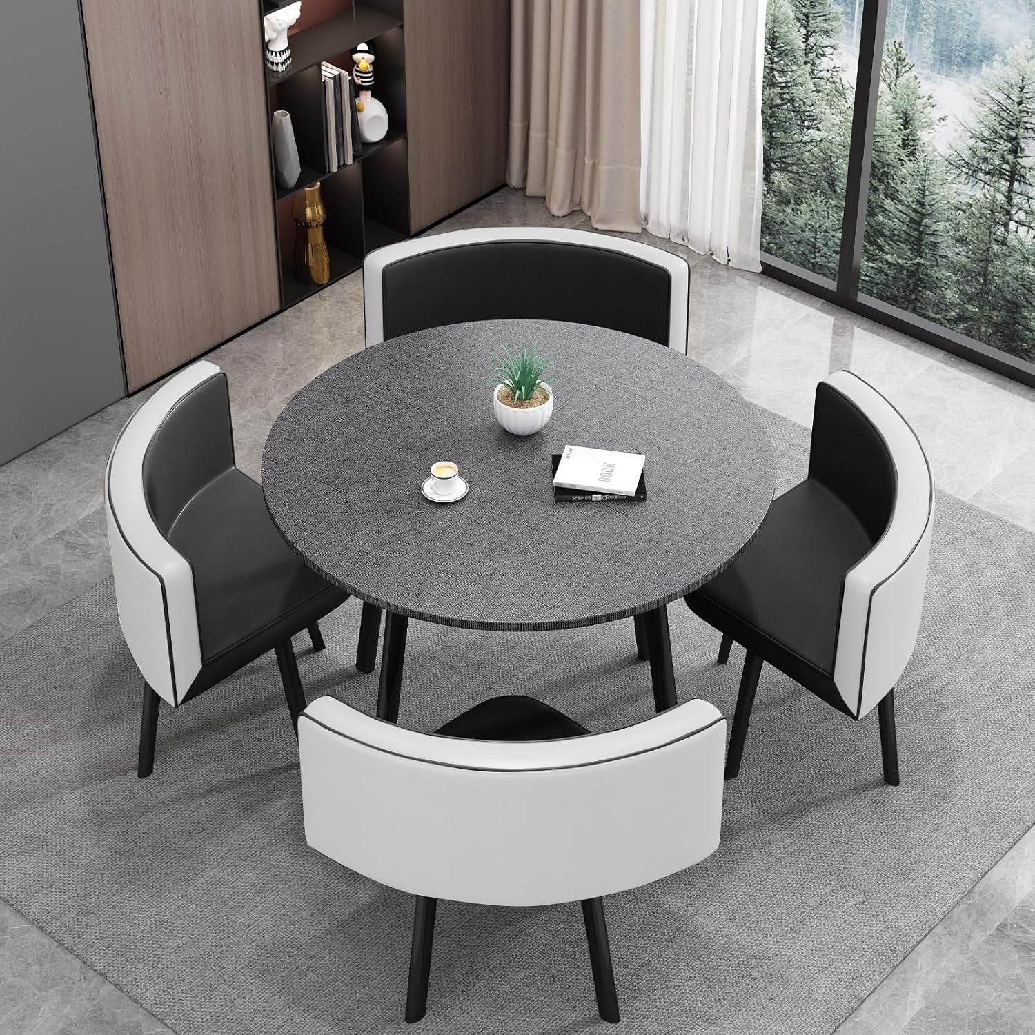 Modern 35.4" Grey Dining Table Set with 4 Chairs – Space-Saving Faux Marble
