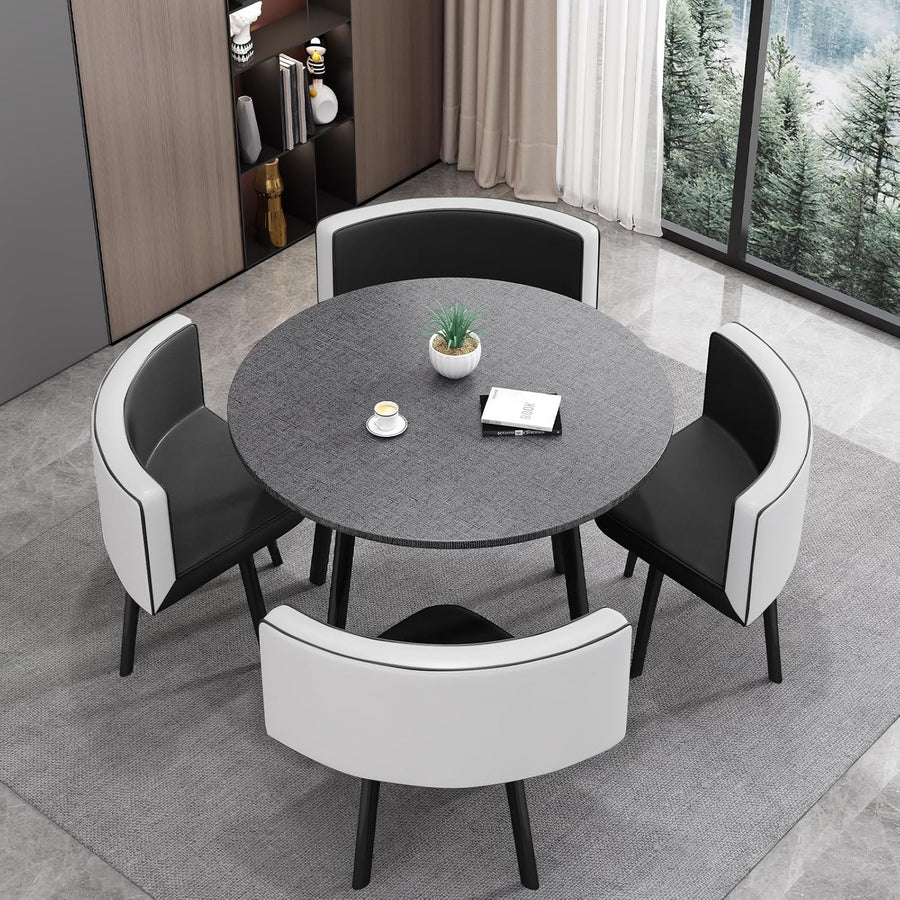 Modern 35.4" Grey Dining Table Set with 4 Chairs – Space-Saving Faux Marble