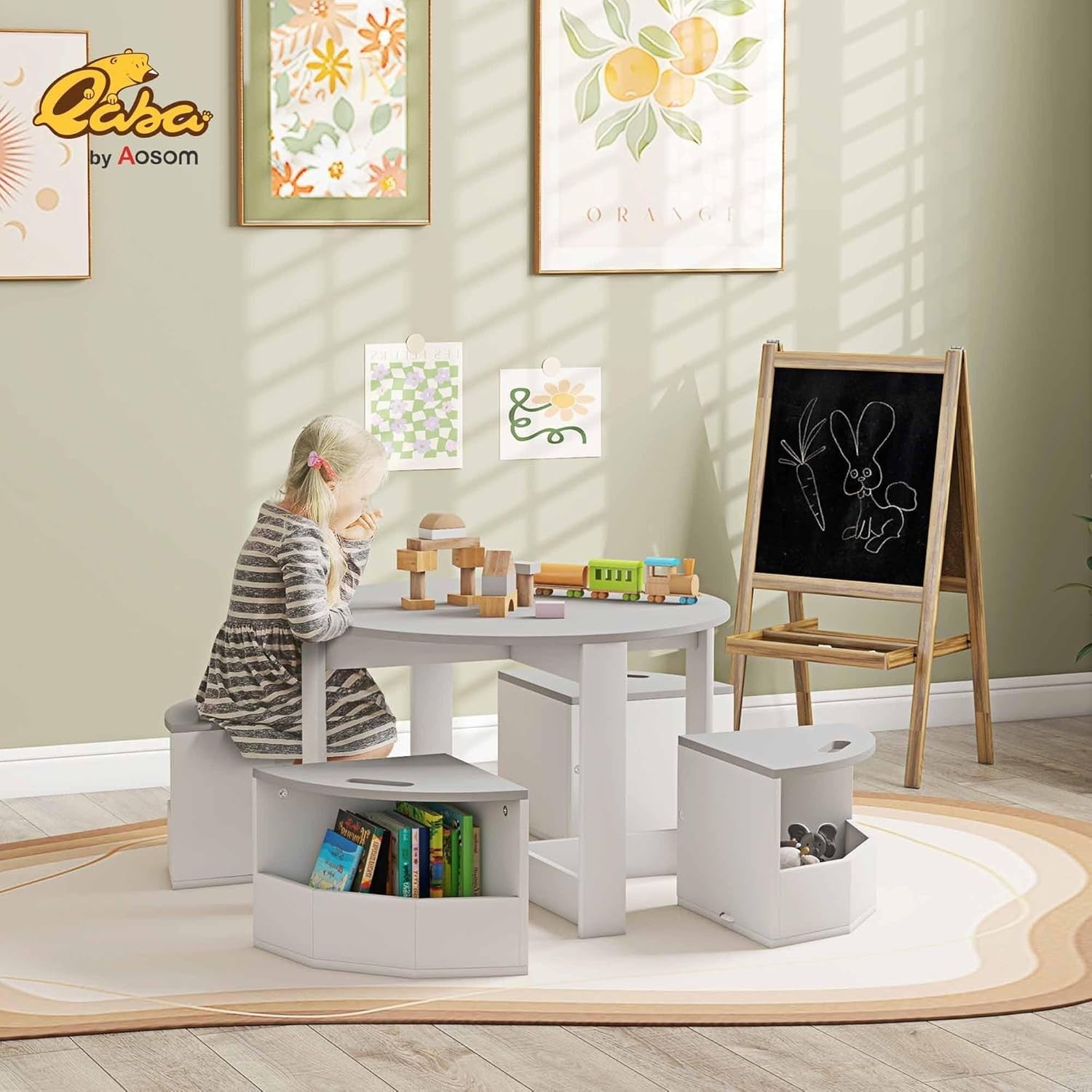 Kids Table and 4 Chairs with Storage Set Grey Round Playroom Activity Desk