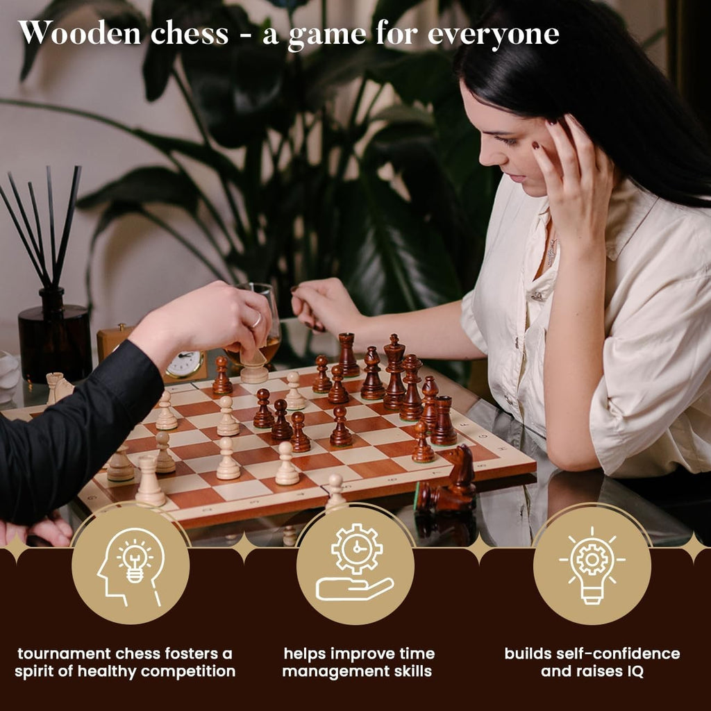 48cm Wooden Inlaid Chess Set – Sycamore Board & Weighted Staunton Pieces