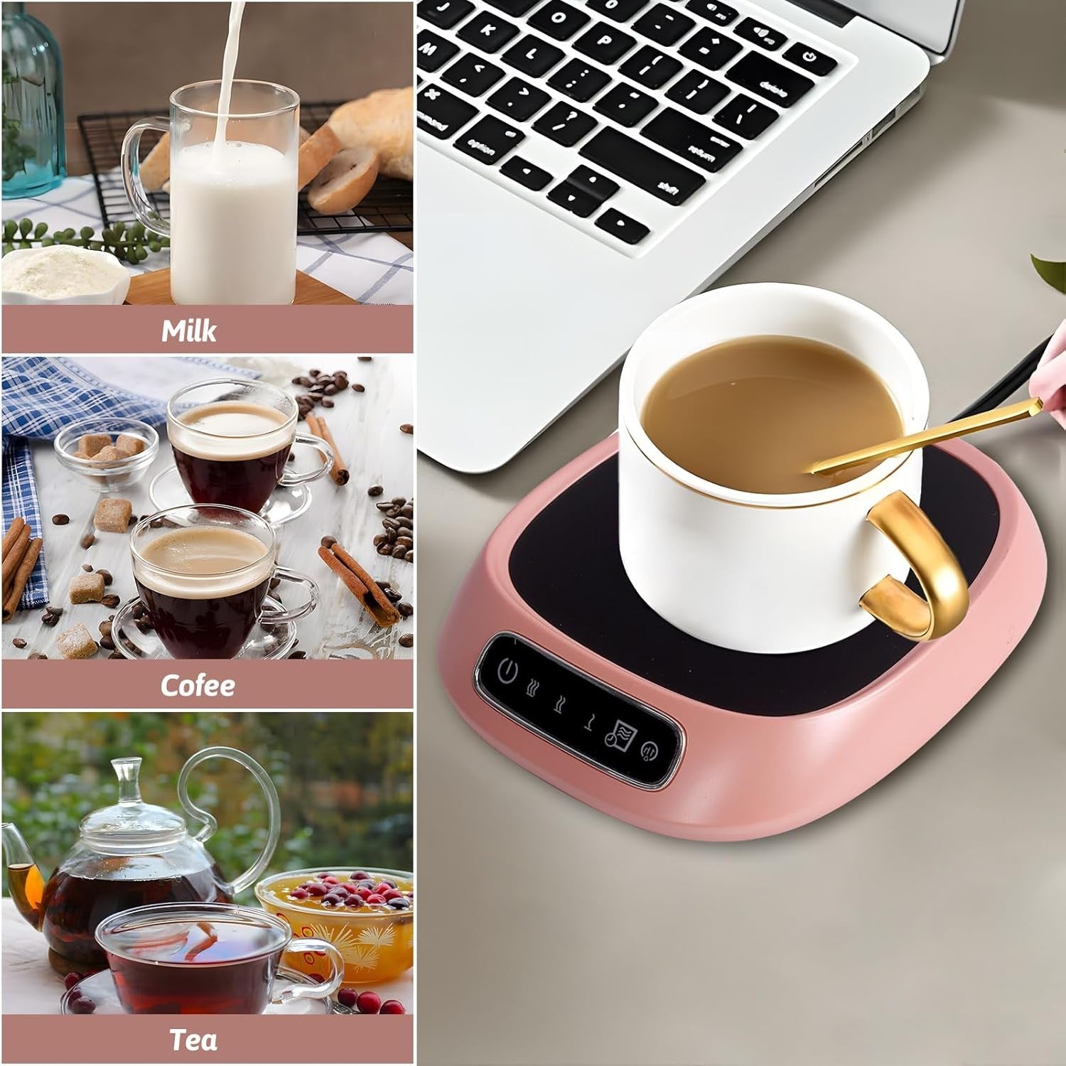 Pink USB Coffee Mug Warmer 3 Temp 85°C Smart Desk Heater