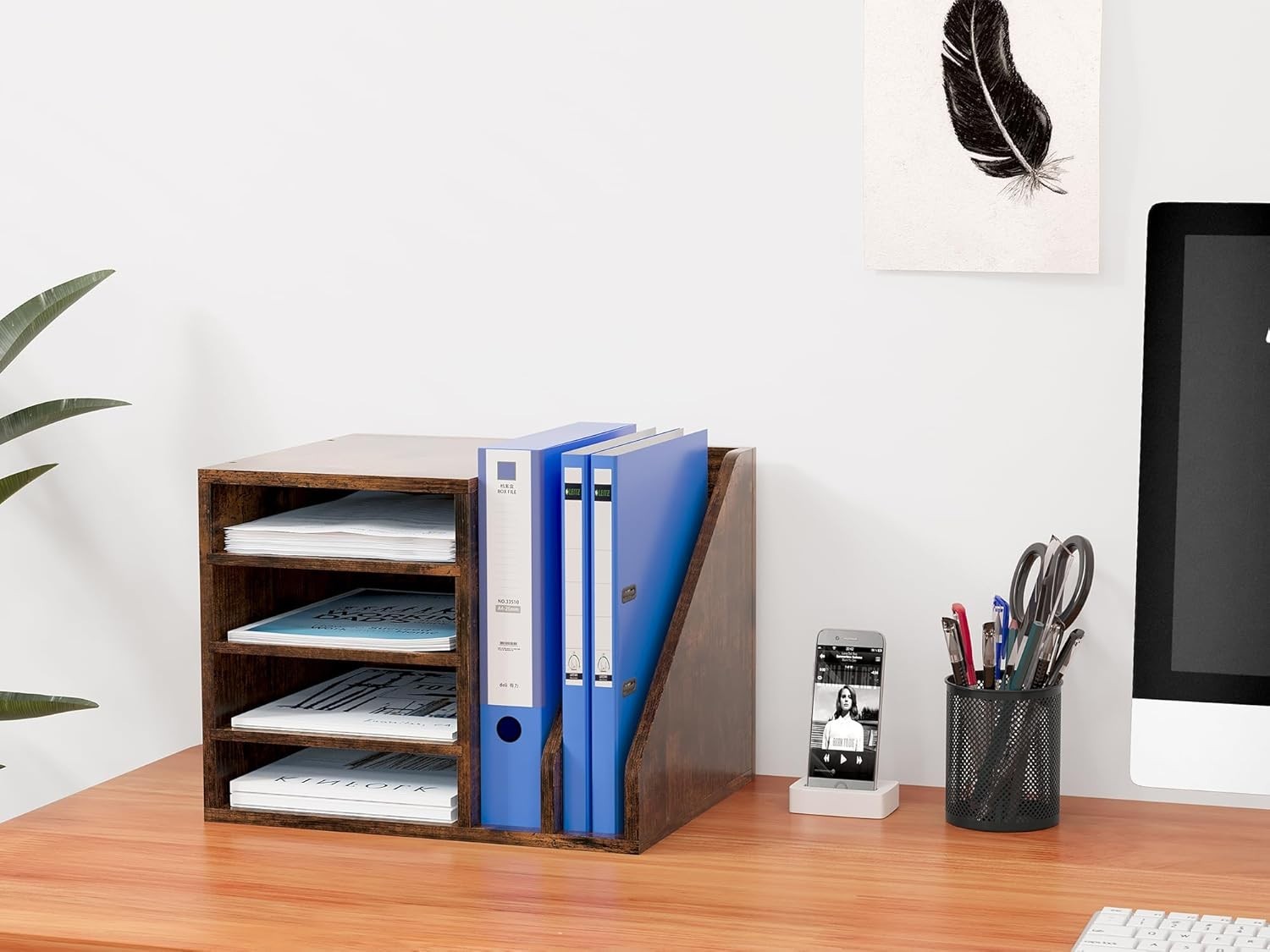 Wooden A4 Desk Tray File Holder Paper Organiser Magazine Rack Brown