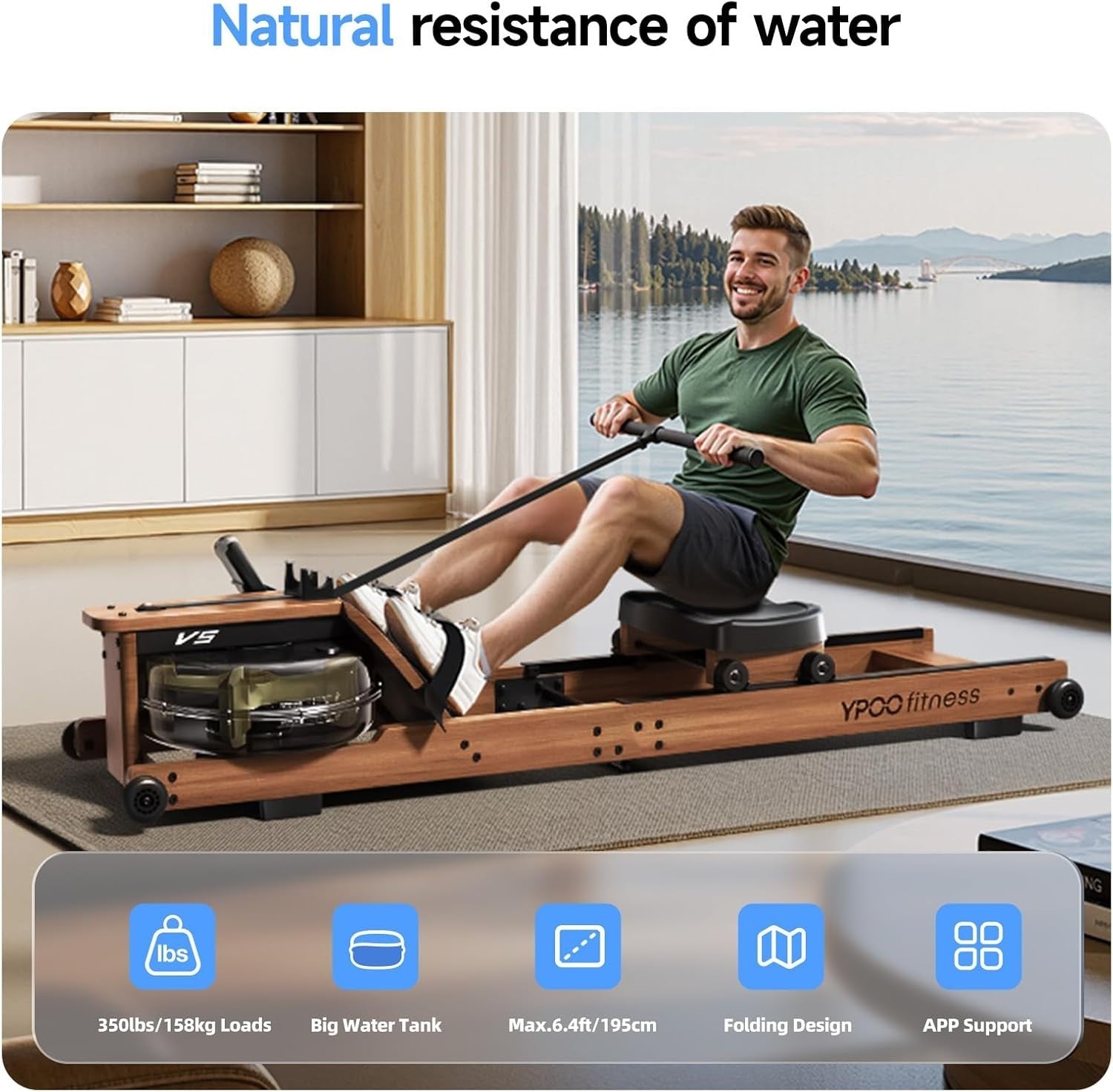 Foldable Water Rowing Machine Solid Wood Smooth Rail Adjustable Resistance Home