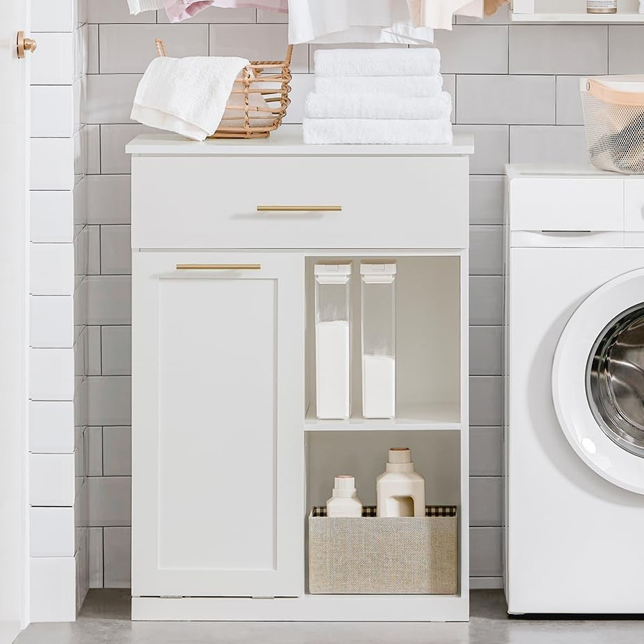 Bathroom Laundry Cabinet with Pull Out Basket Drawer Shelves White Storage
