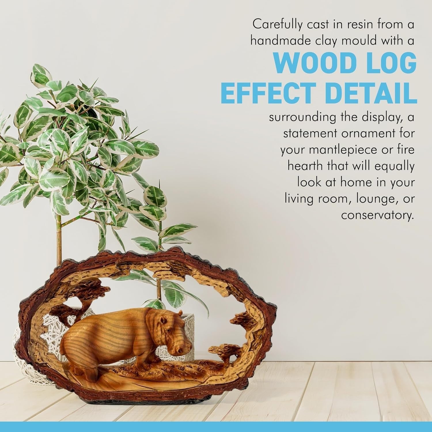 Graceful Hippo Ornament Wood-Effect Resin | Wildlife Home Decor Gift 18cm