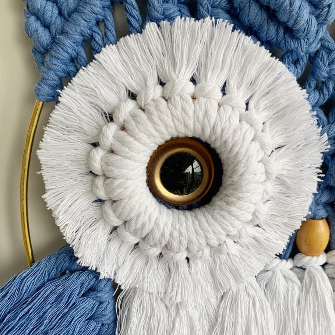 Hazy Blue Macrame Owl Wall Hanging Boho Fiber Art Decor