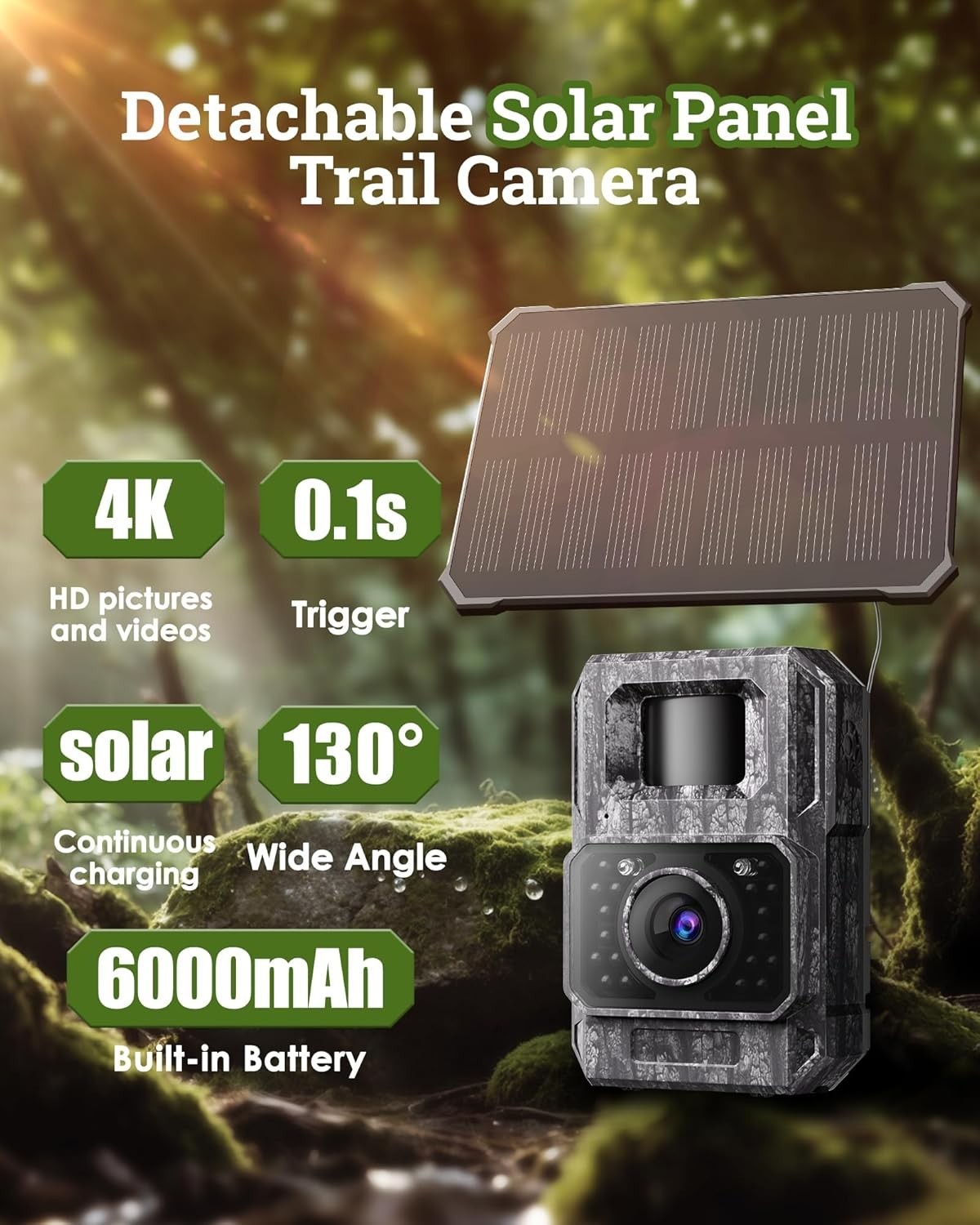 4K 64MP Solar Trail Camera WiFi Night Vision Motion Activated IP66