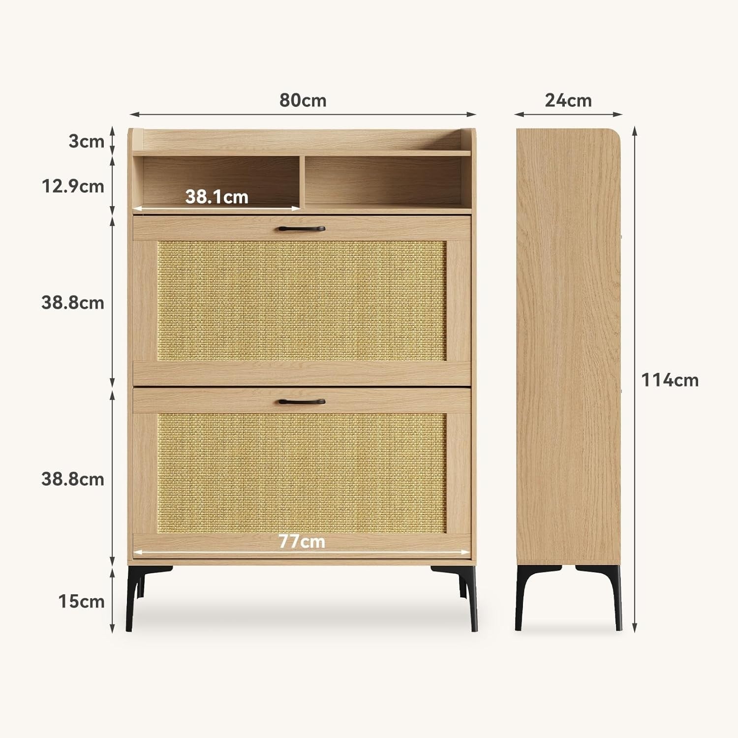 Rattan Oak Shoe Cabinet | Slim 2 Drawer Storage Unit with Open Shelves 80x24x114