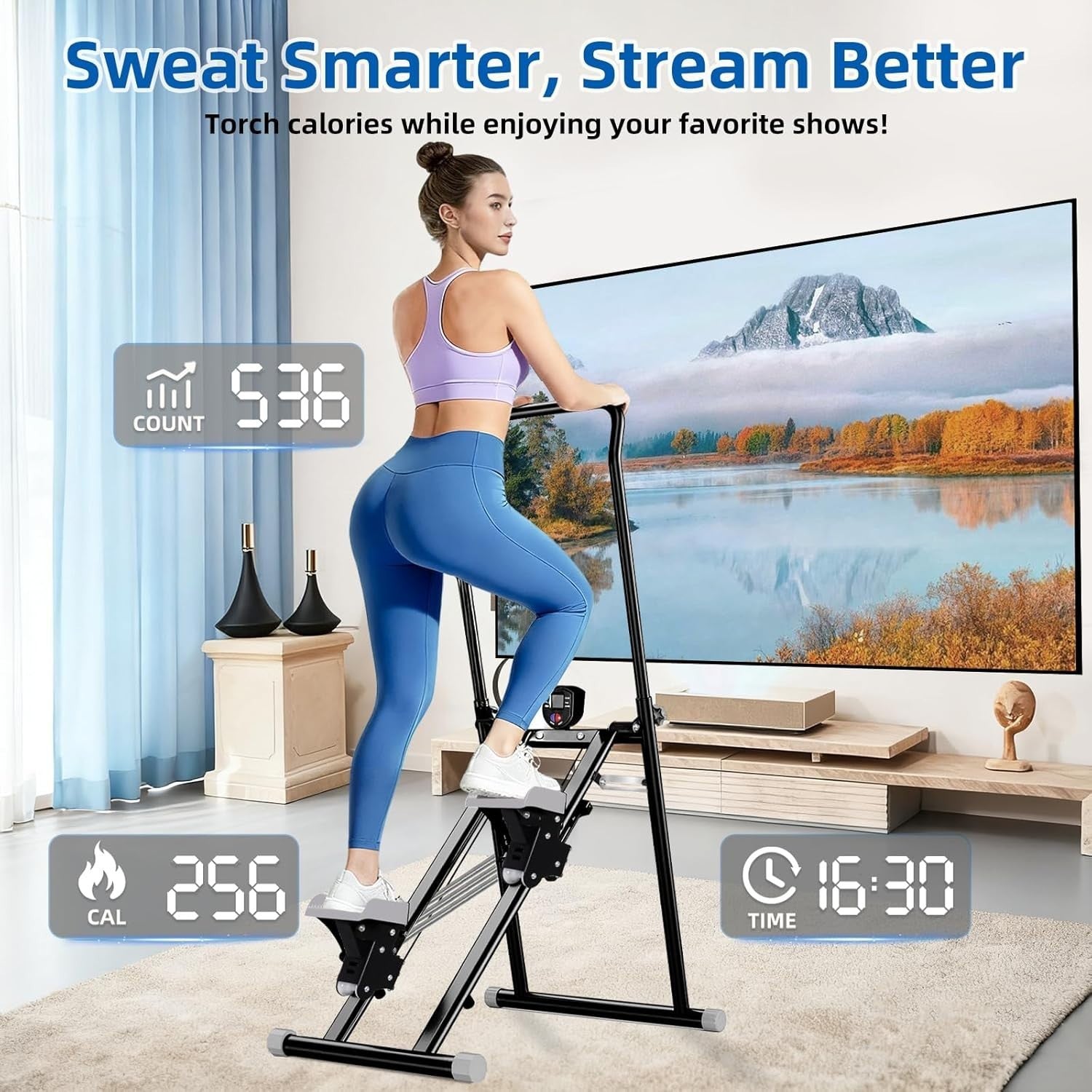 Foldable Stair Climber w/ LCD Monitor, 3-Level Resistance & Adjustable Handlebar