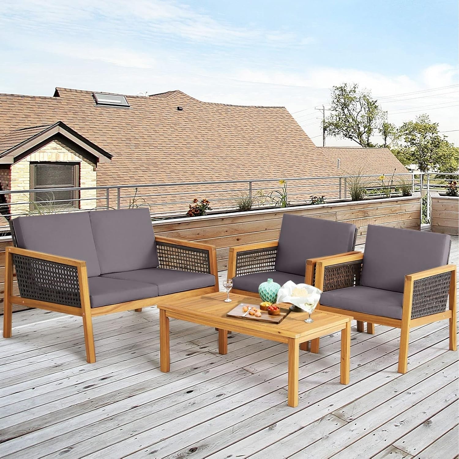 Rattan Garden Furniture Set 4PC Outdoor Patio Sofa Set with Coffee Table