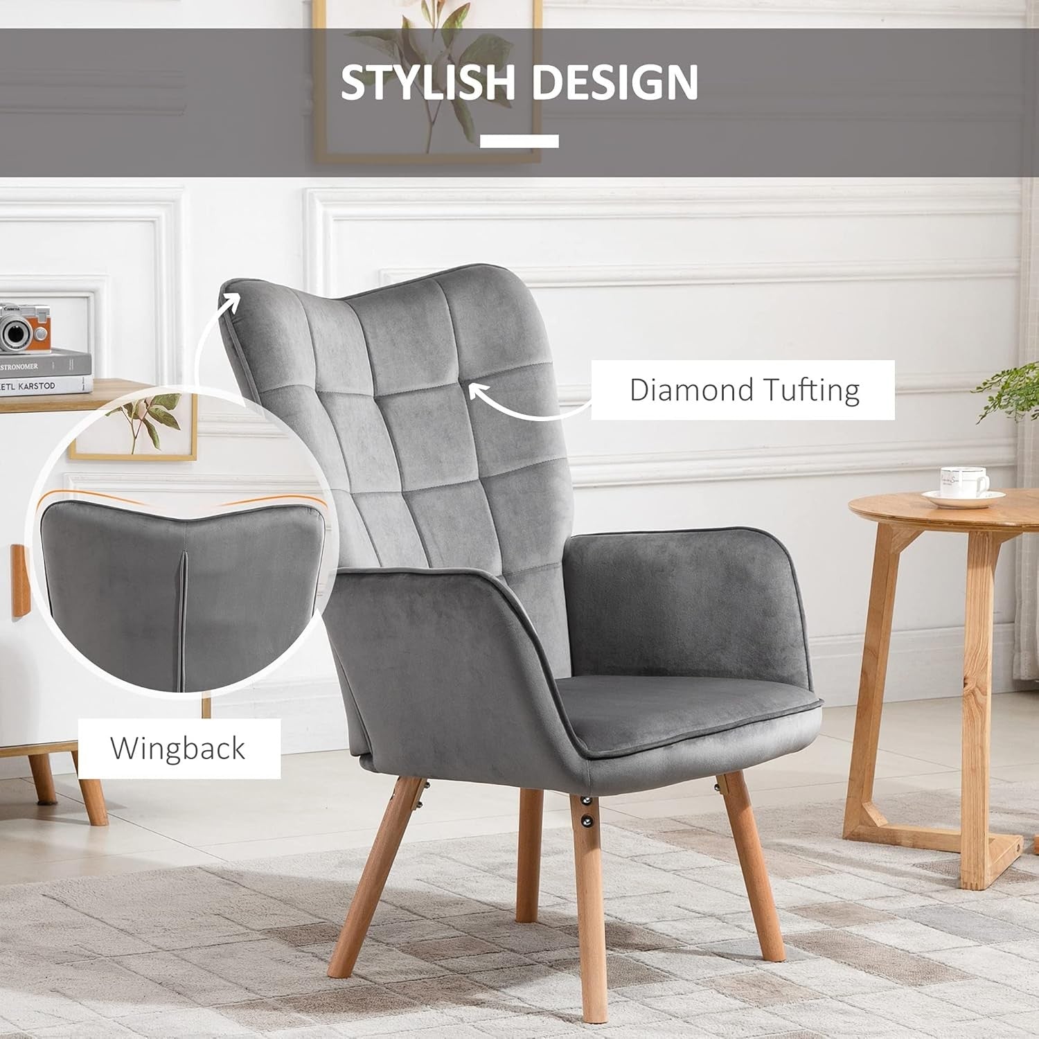 Grey Velvet Wingback Accent Chair Tufted Lounge Armchair Wood Legs