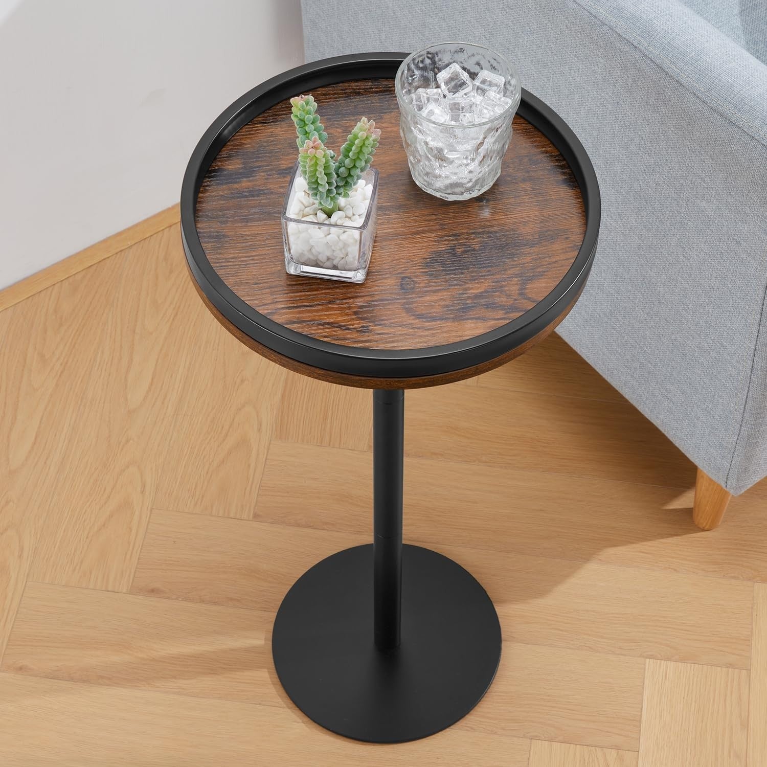 Small Round Coffee Table – 30x30x63cm Side Table Rustic Brown