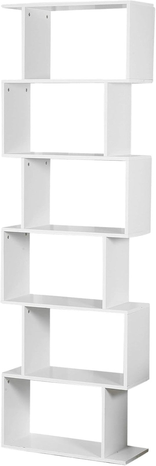 6 Tier White S-Shaped Display Shelf | Modern Tall Bookcase Storage Unit