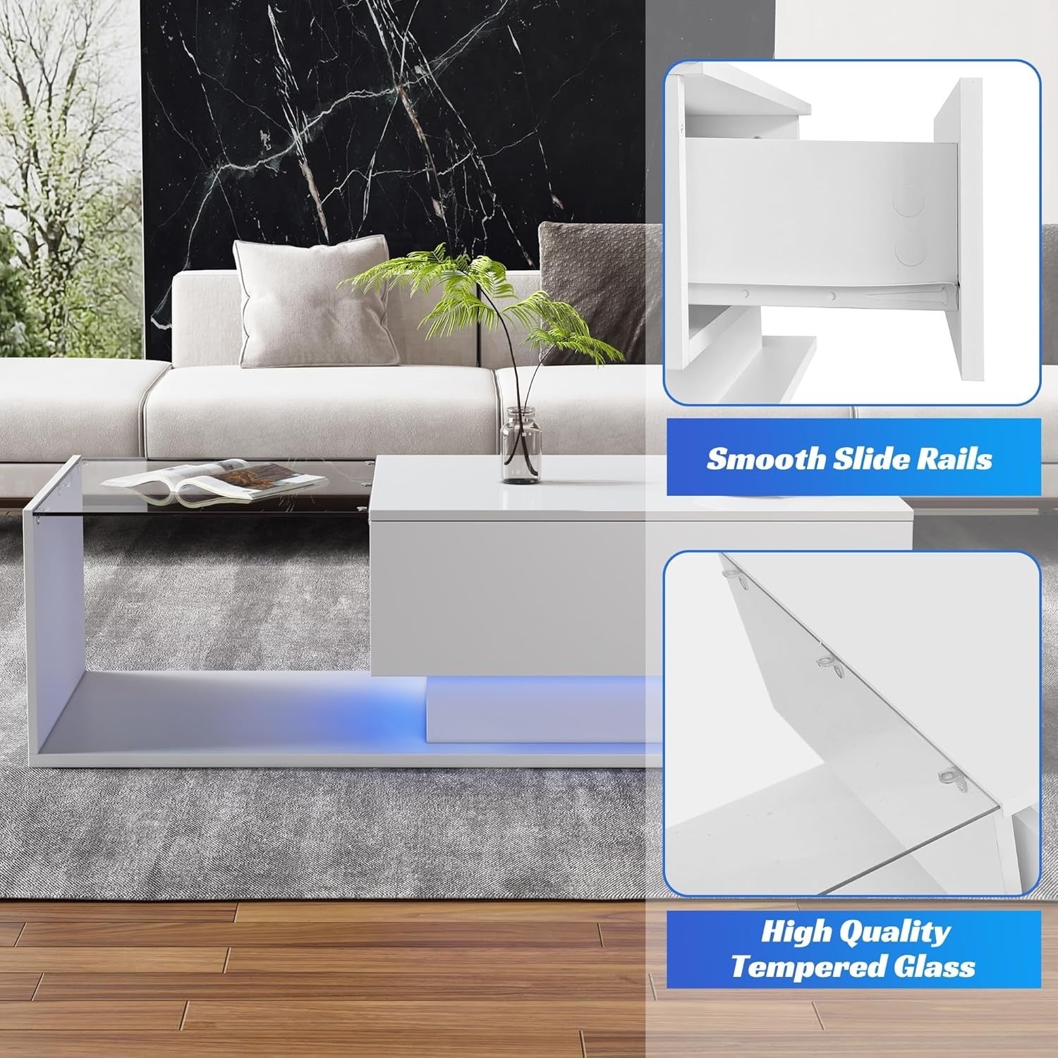 LED High Gloss Coffee Table with Drawer & Storage, Modern Glass Center Table