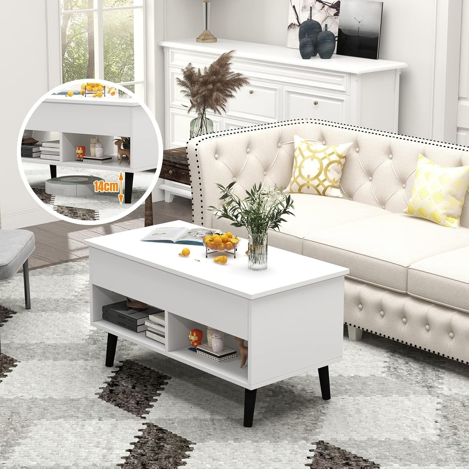 White Lift Top Coffee Table with Storage Shelf – Adjustable, 80cm Modern