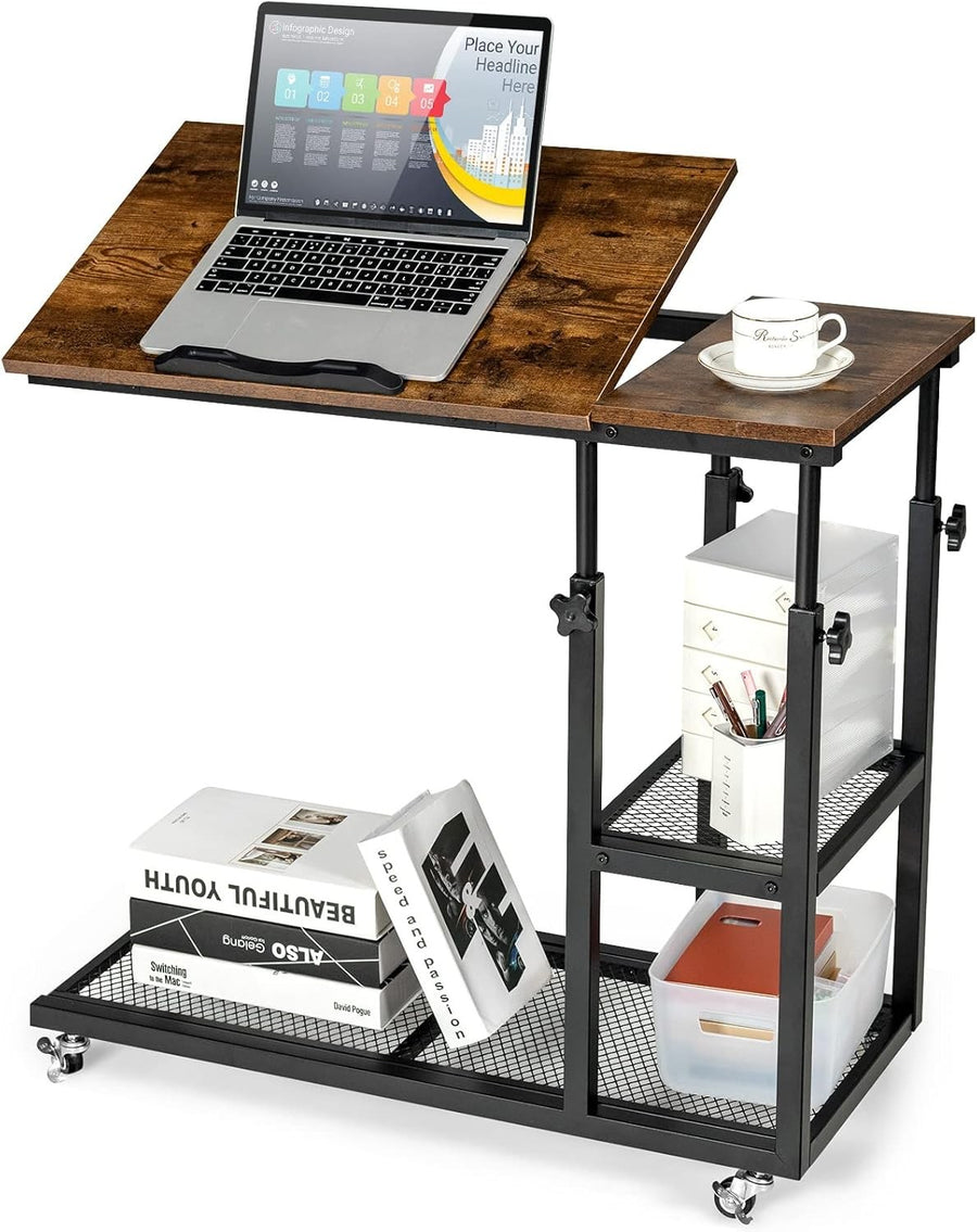 Rustic Brown Overbed Table with Wheels Adjustable Sofa Side Laptop Desk