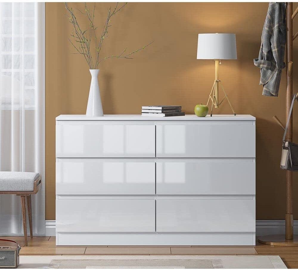 White Gloss 6 Drawer Chest Modern Wide Storage Unit for Bedroom Office