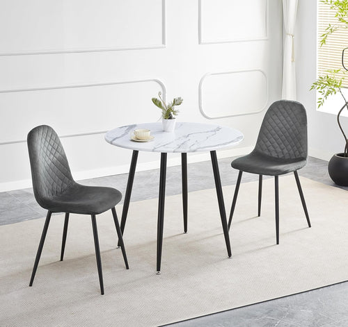 Grey Velvet Dining Chairs Round Marble Table Set 90cm 3pc Modern Kitchen