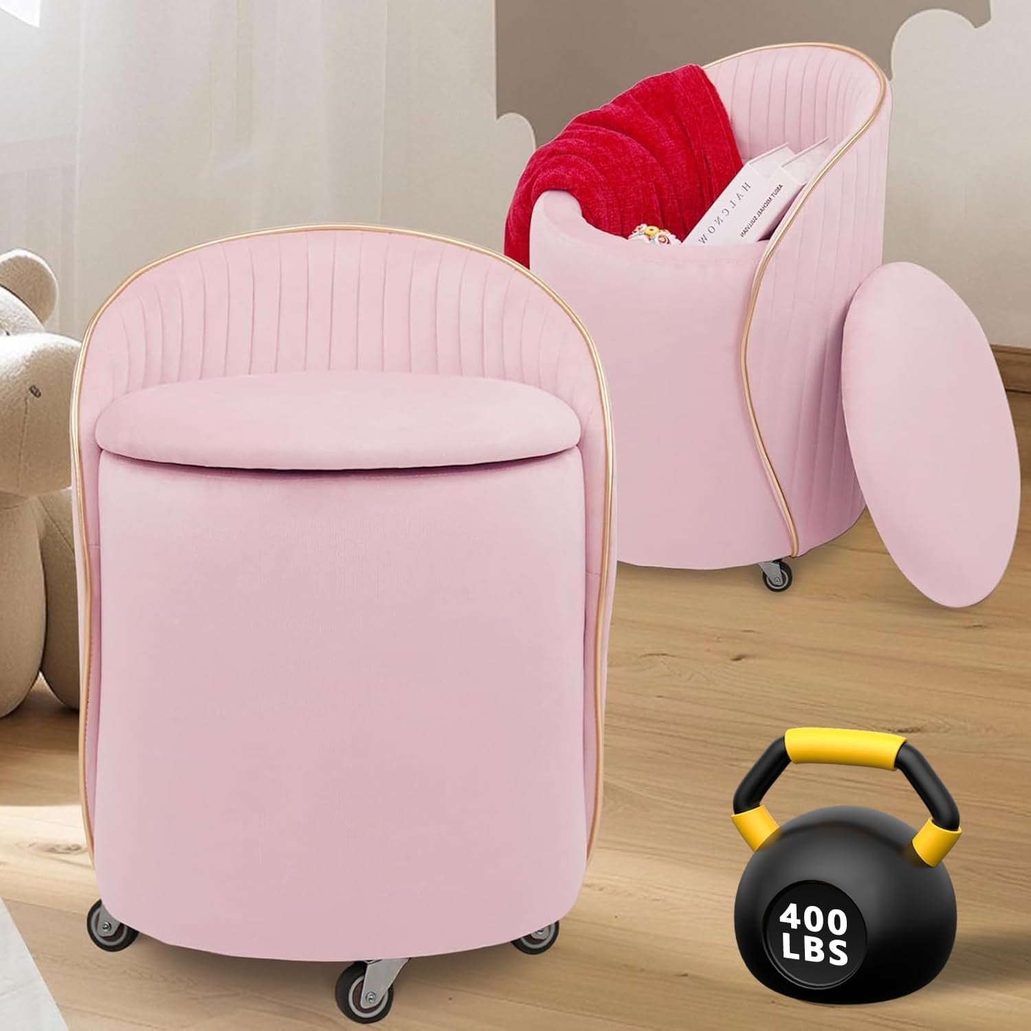 Pink Velvet Storage Ottoman Swivel Stool with Backrest & Wheels 37cm