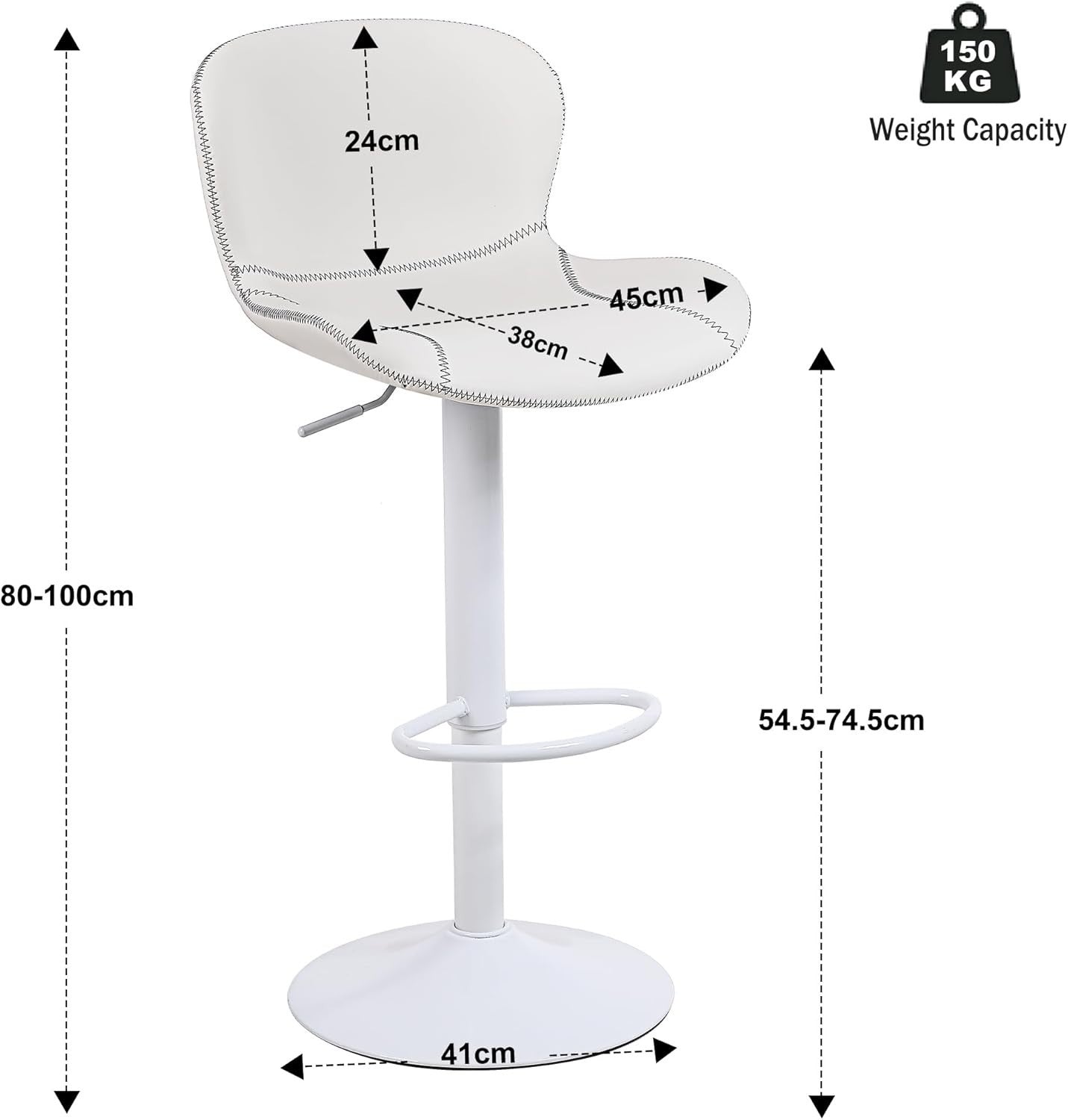 White PU Leather Bar Stools Set of 2 | Adjustable Swivel Counter Chairs