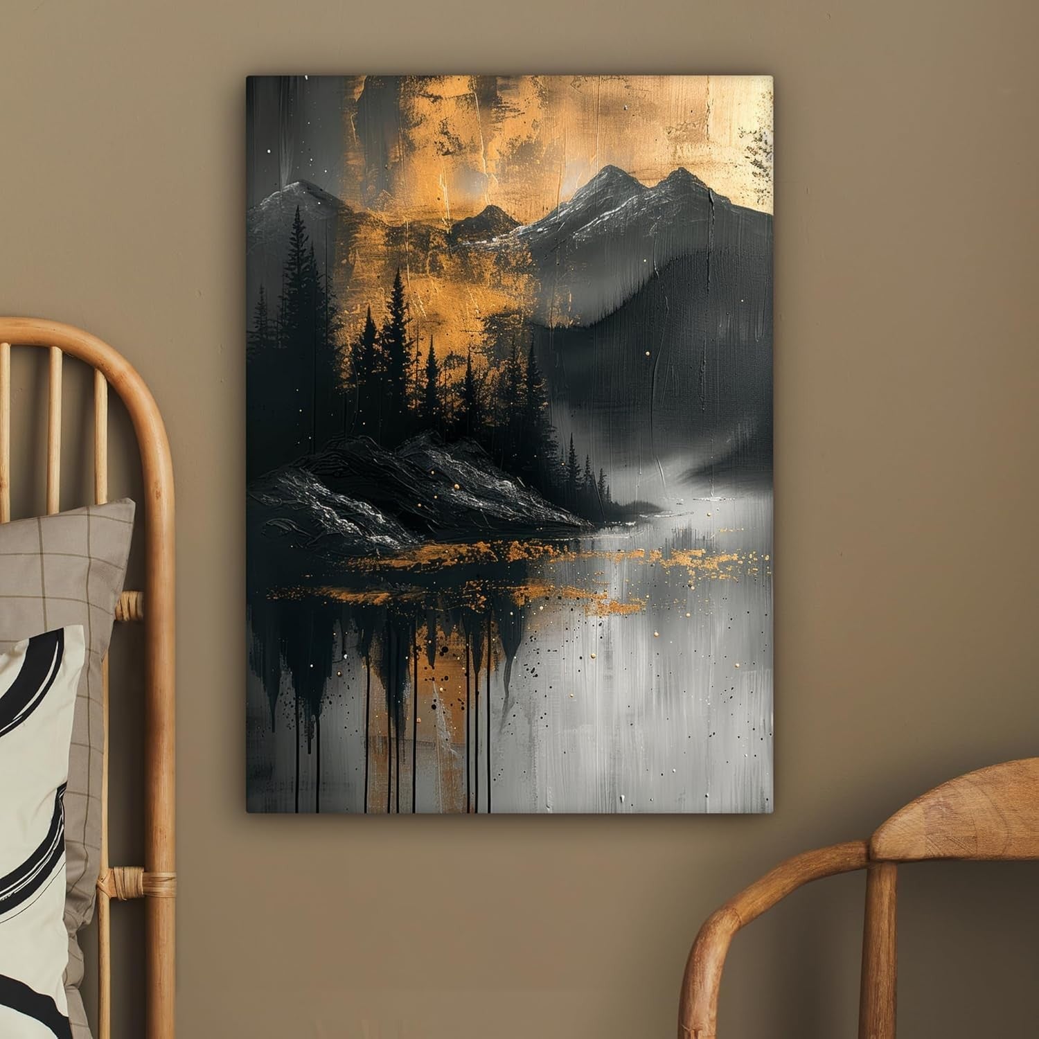 Forest Mountain Canvas Wall Art 50x70cm Gold Black Framed
