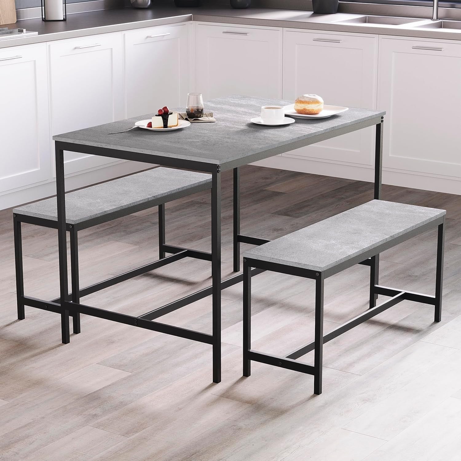 4 Seater Dining Table Set with 2 Benches - Compact Modern Metal Frame Grey