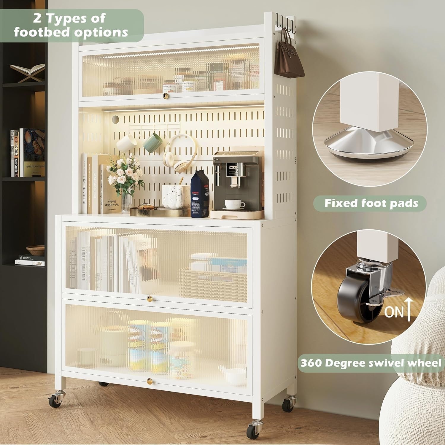 80x36x162cm White 5-Tier Kitchen Baker's Rack with Flip Doors & Wheels