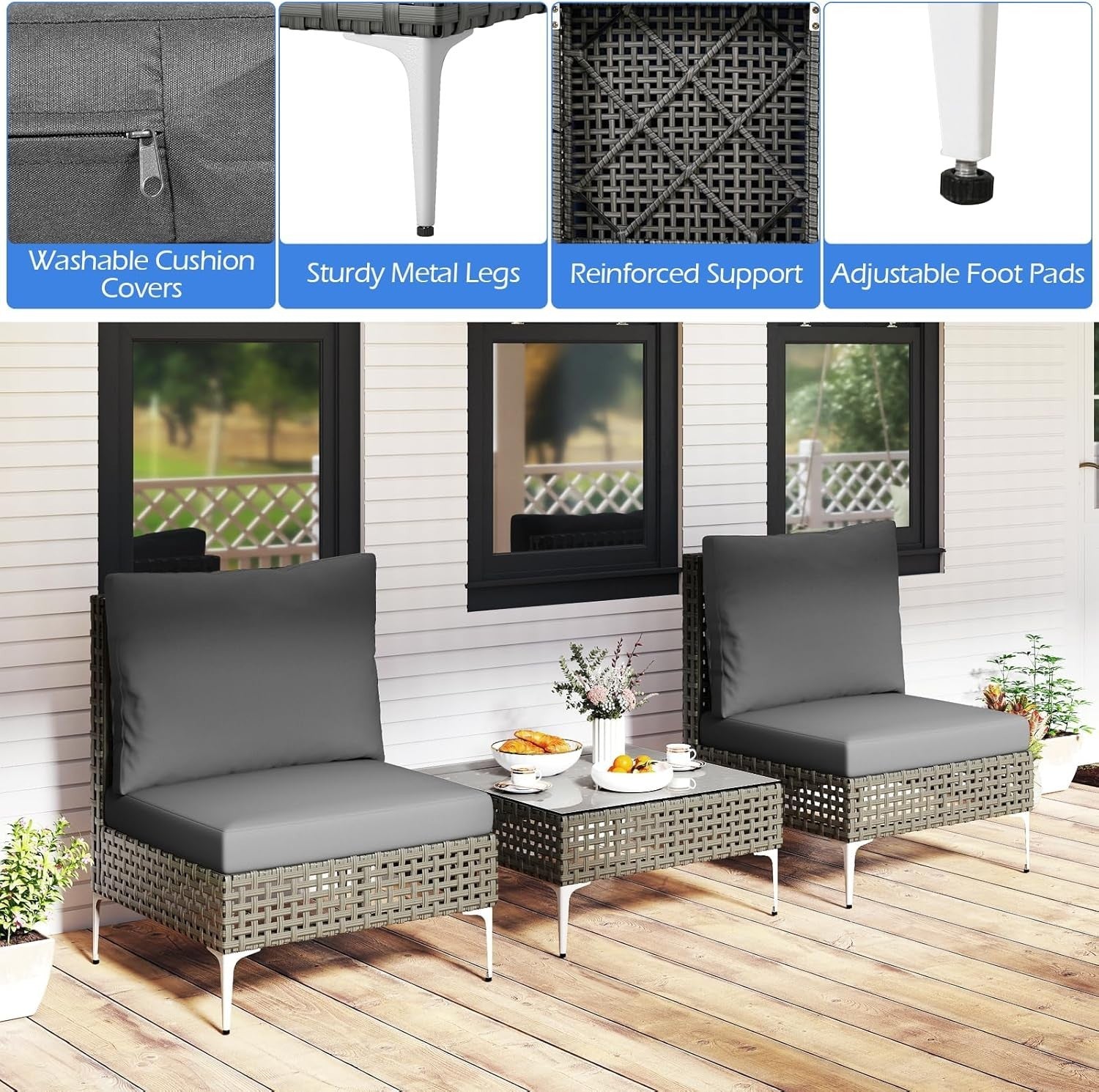 Outdoor Rattan Lounge Bistro Set 2 Cushioned Chairs Compact Coffee Table Patio
