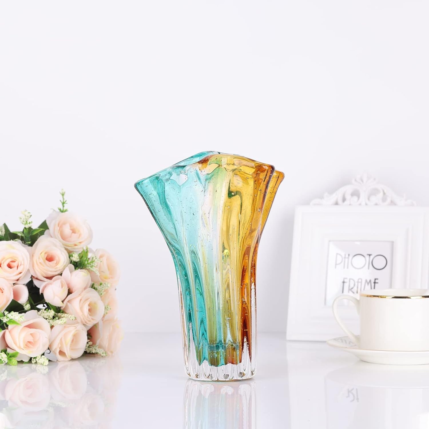 Hand Blown Wide Mouth Glass Vase Modern Art Petal Shape Table Decor