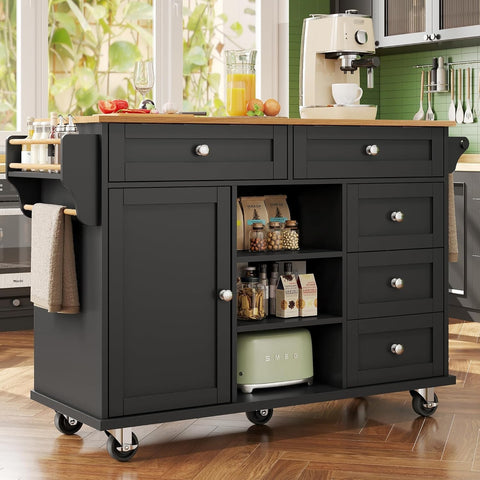 Modern Black Kitchen Trolley Cart with Storage Drawers & Adjustable Shelves 134c