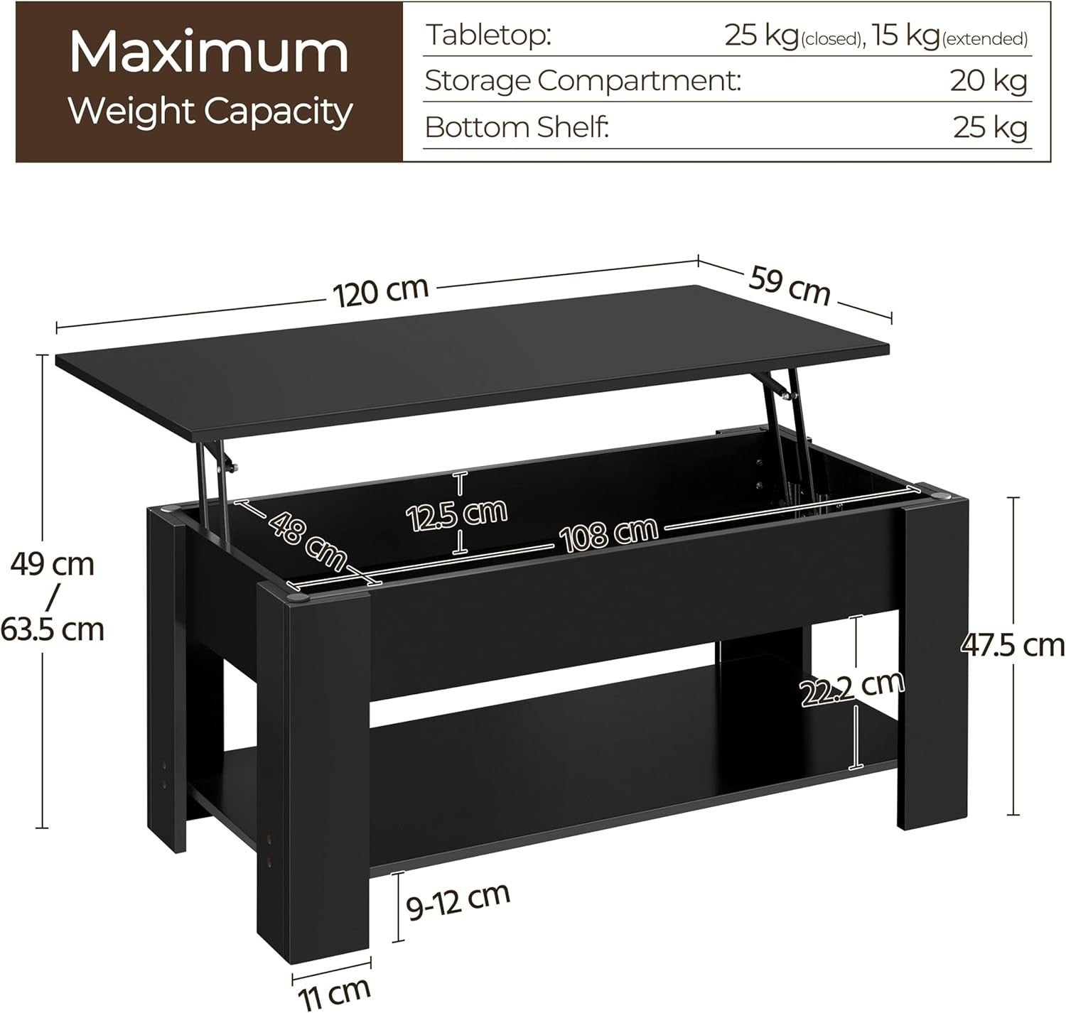 Lift Top Coffee Table Adjustable Height Hidden Storage Shelf Black 120x60cm