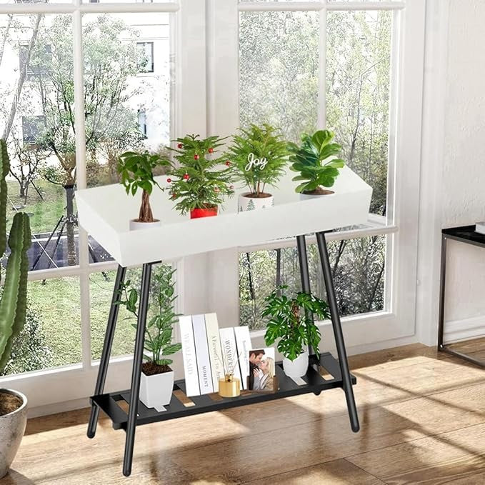 Metal Plant Stand with Tray Indoor Outdoor Waterproof Planter Shelf White